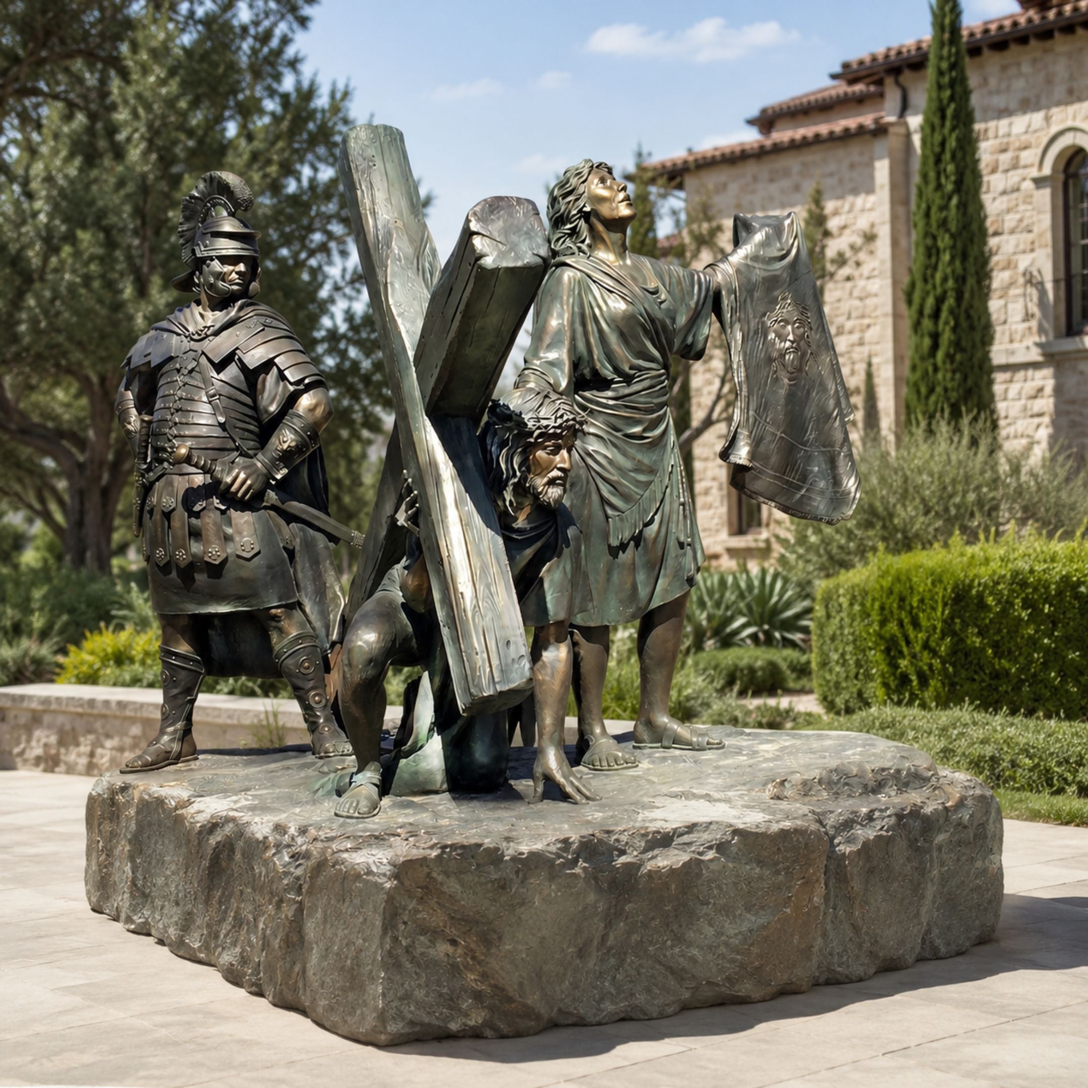 Monumental Classical Christ Carrying the Cross Bronze Sculpture, 240cm, showing Christ kneeling beneath the cross, a Roman soldier, and a woman holding a cloth with Christ's face, set on a stone base outdoors near greenery and a stone building.
