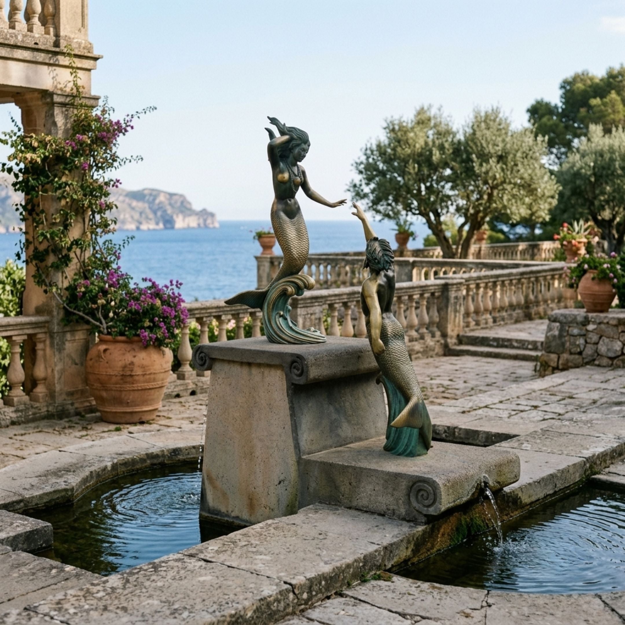 Monumental Classical Dual Mermaid Bronze Sculpture by Giant Sculptures on a stone plinth fountain, overlooking a Mediterranean coastline with terracotta pots.