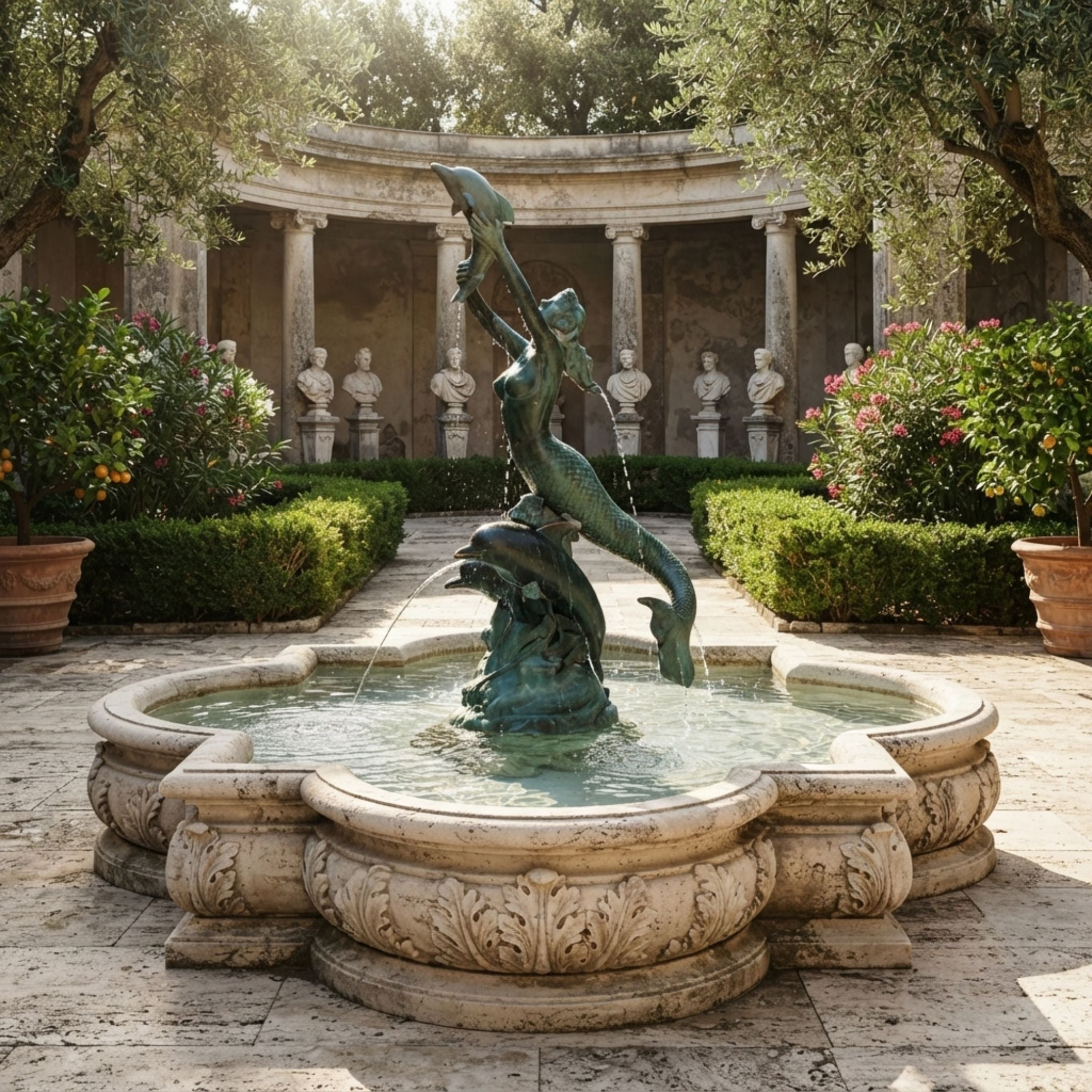 Monumental Classical Mermaid with Dolphins Bronze Fountain by Giant Sculptures in verdigris patina, mermaid lifting a dolphin overhead above a carved stone basin in a colonnaded garden courtyard.