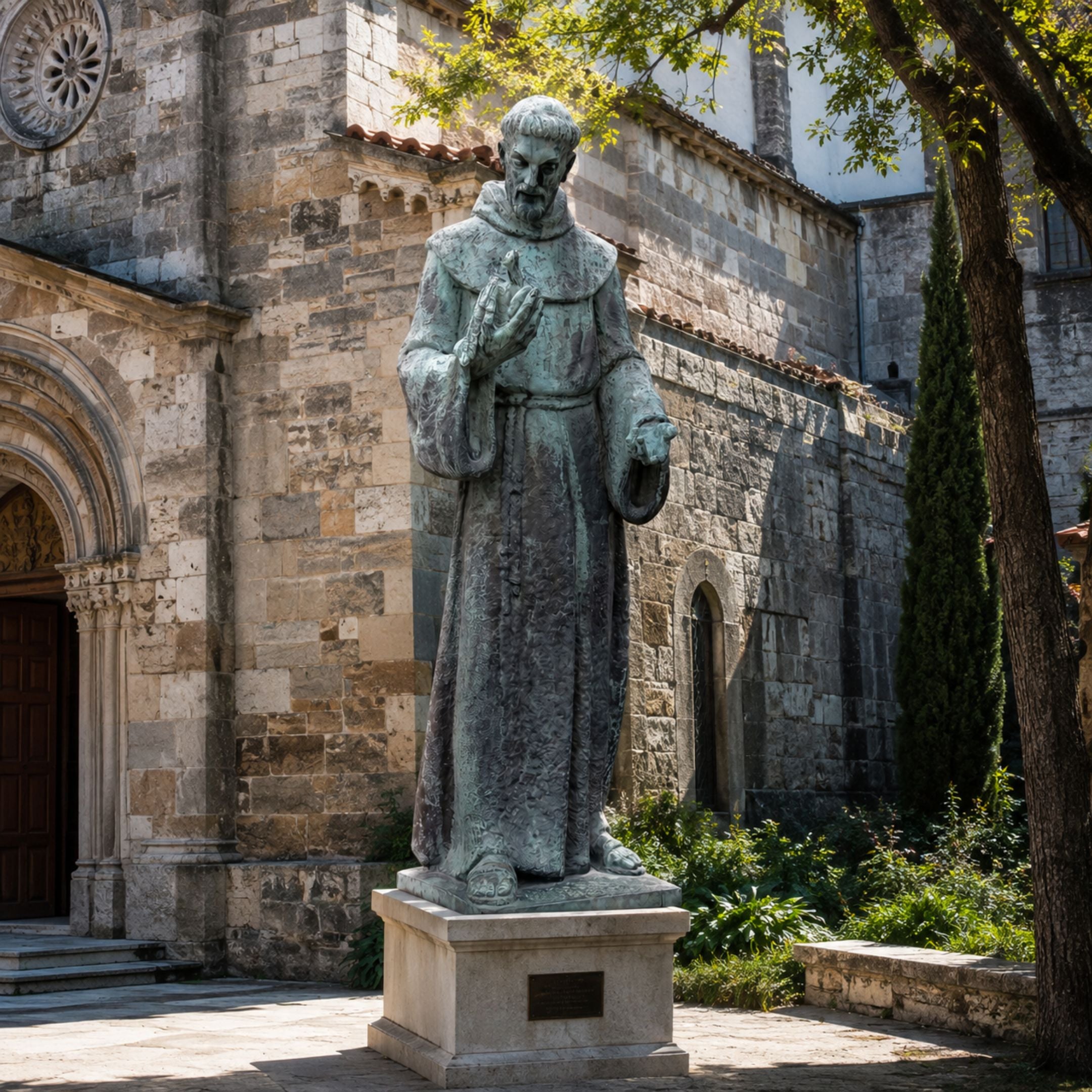 Monumental Classical Robed Saint Bronze Statue, 300cm, a robed Franciscan figure with raised blessing hand, on a stone pedestal outside a stone church.