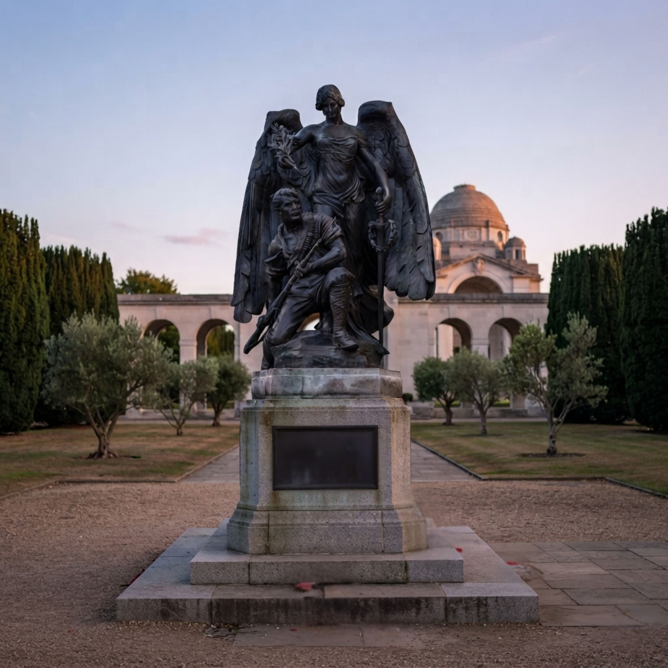 Monumental Classical Victory Angel and Wounded Soldier Bronze Sculpture, 350cm, on a stone plinth in a memorial garden with a domed building behind.