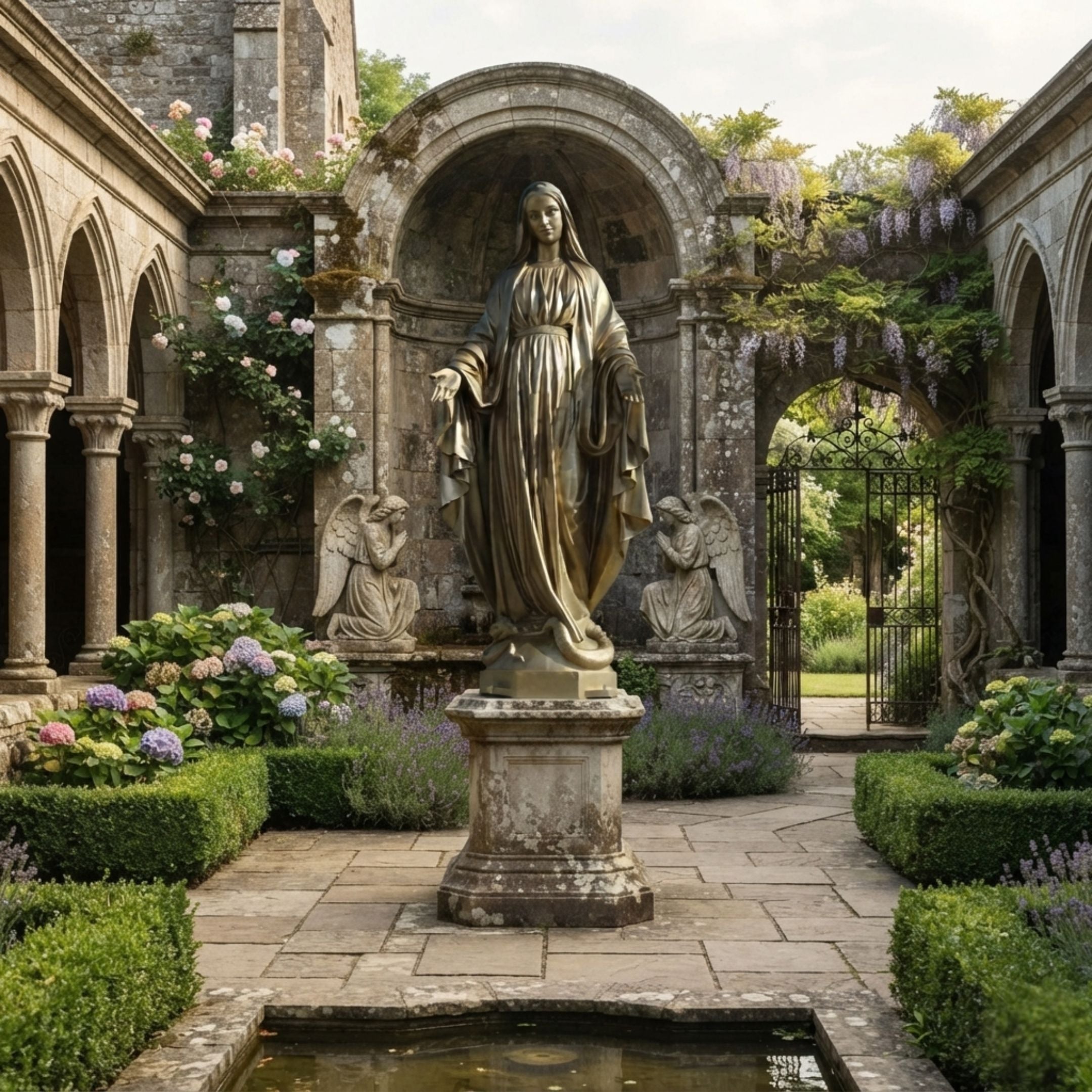 Monumental Classical Virgin Mary Bronze Statue, 300cm, gold-toned open-armed benediction pose on a pedestal in a stone cloister garden with hedges and kneeling angel figures.