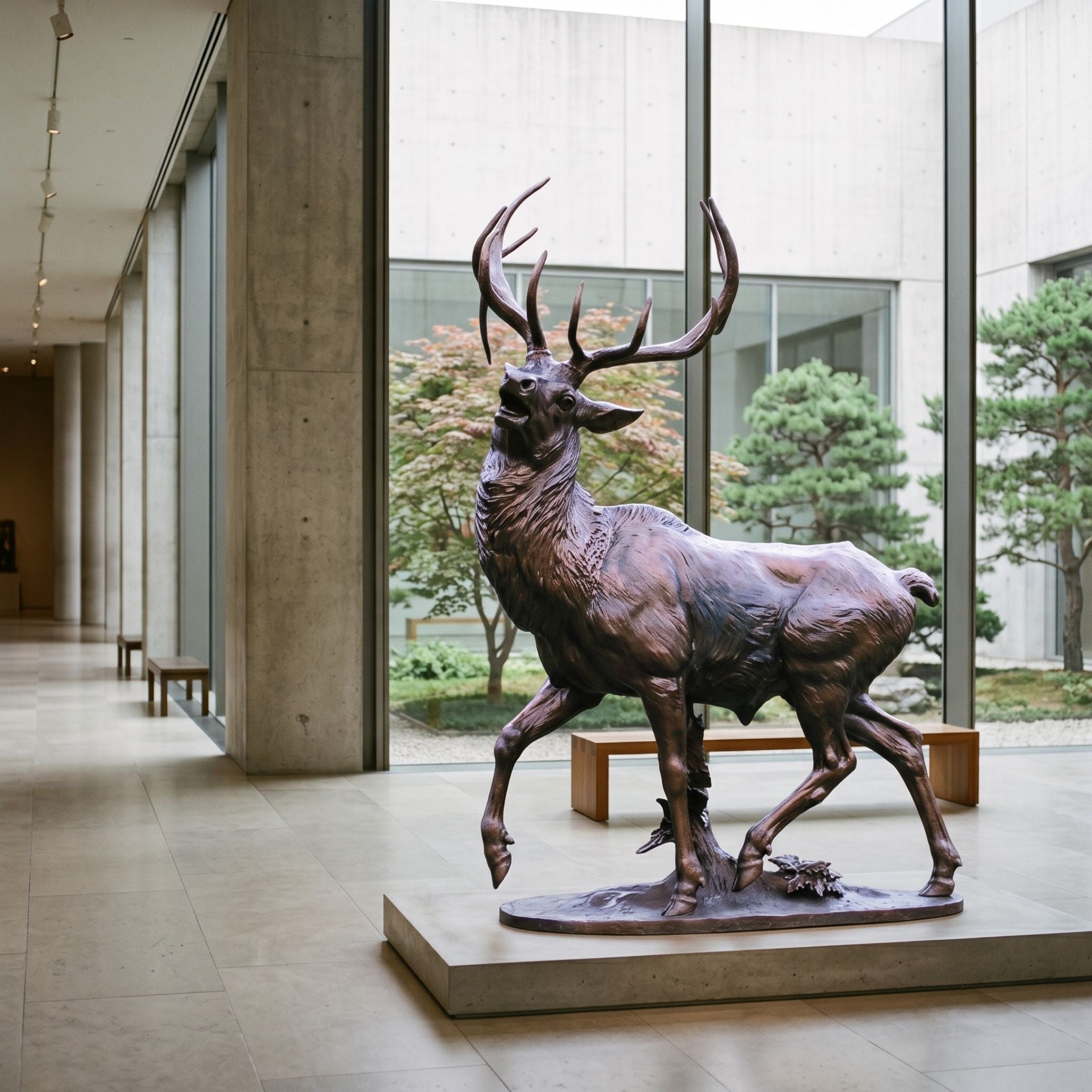 Monumental Traditional Striding Stag Bronze Sculpture by Giant Sculptures displayed in a concrete gallery beside floor-to-ceiling windows overlooking a Japanese garden.