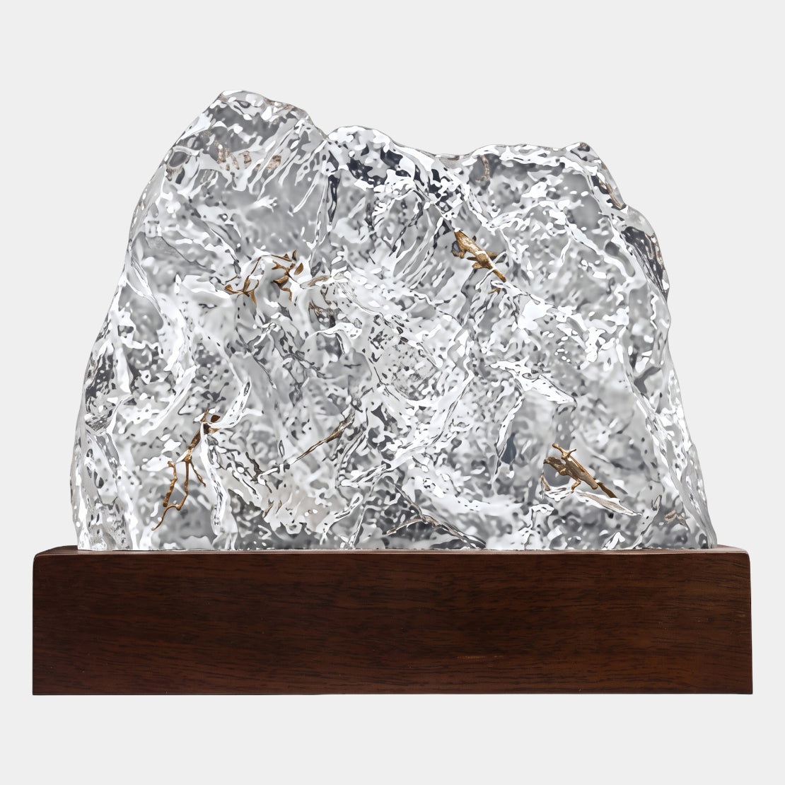 Clear Forked Twig Hammered Rock Resin Sculpture on Dark Wood Base - 35cm