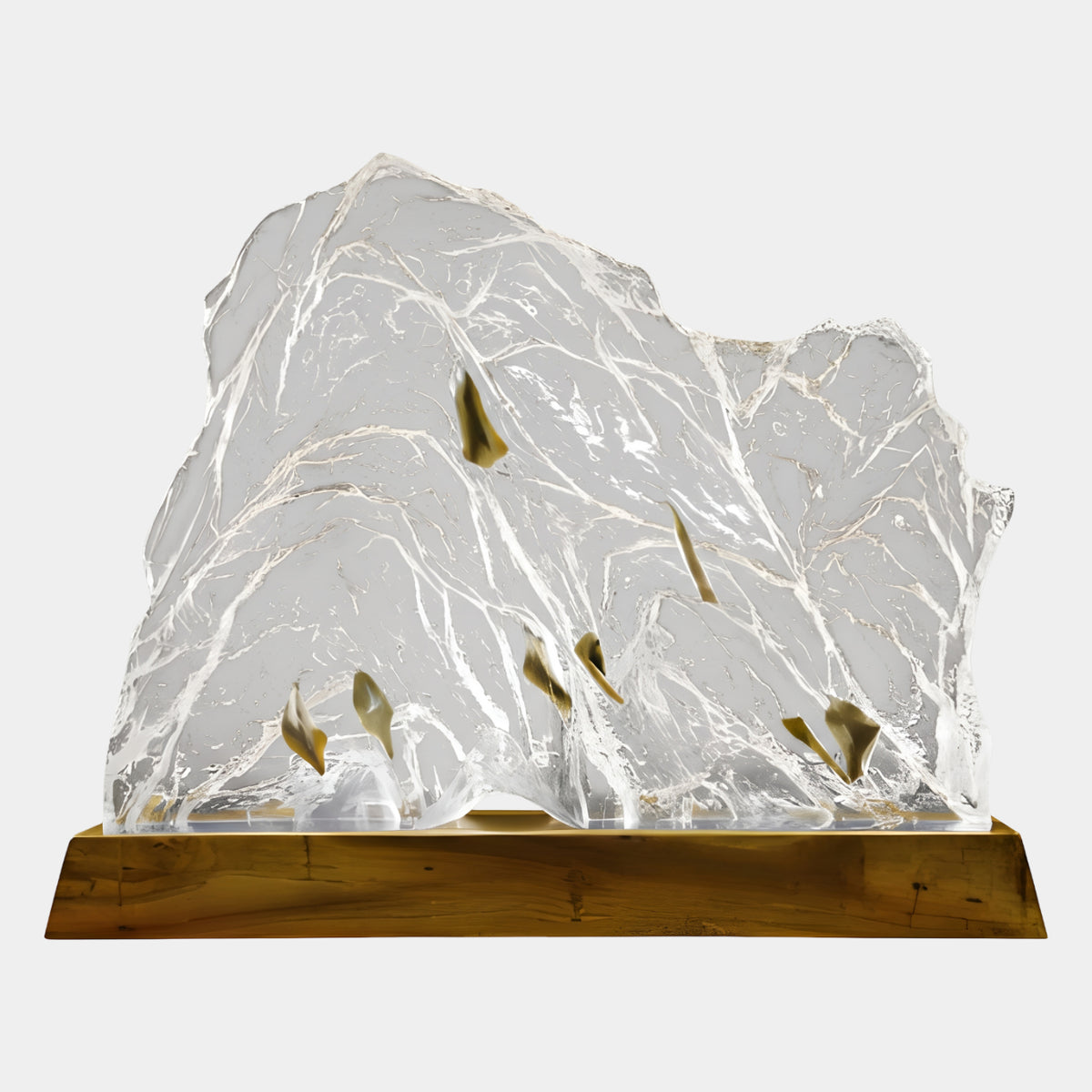 Clear Olive Flake Notched Summit Rock Resin Sculpture on Wood Base - 65cm
