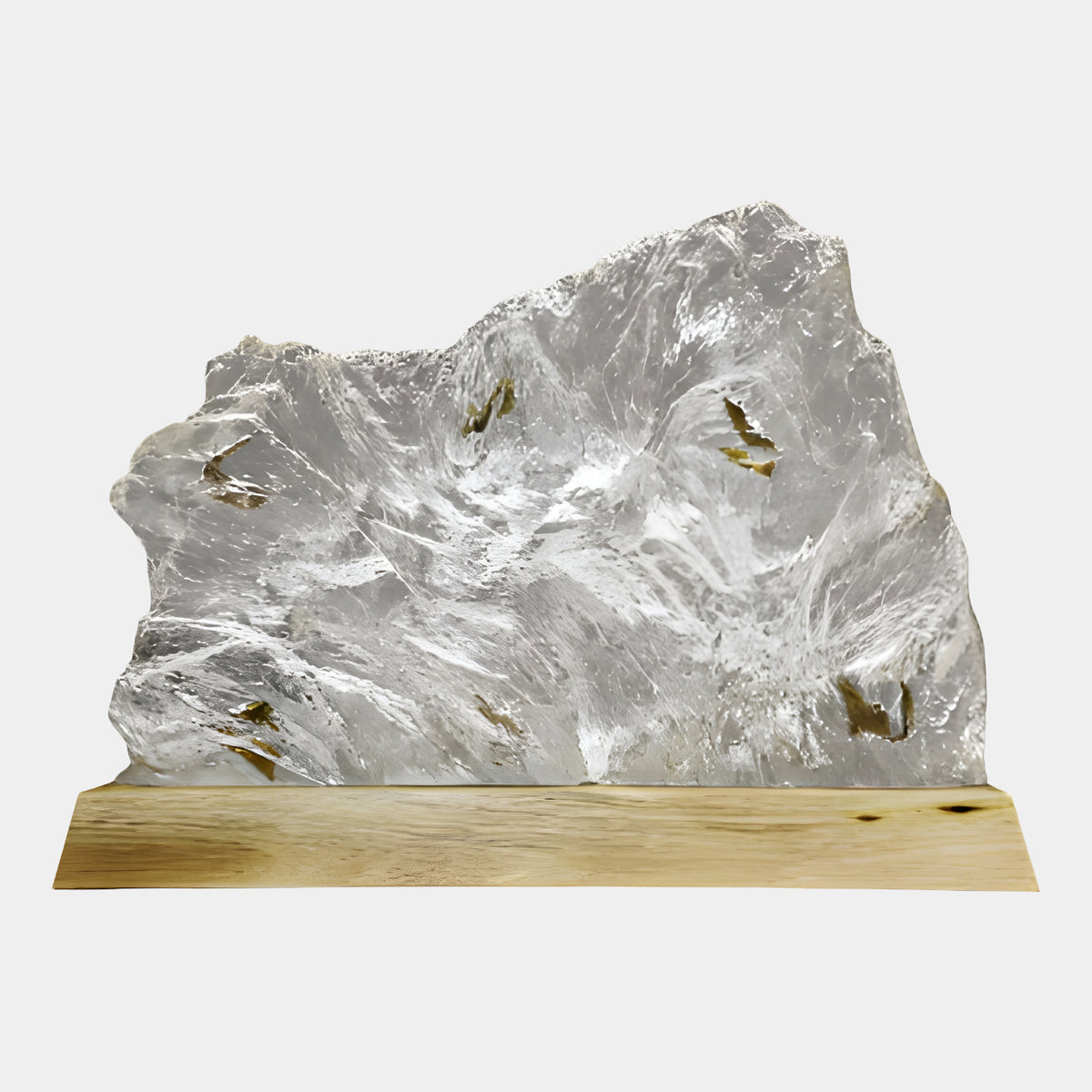 Clear Olive Flake Rising Crag Rock Resin Sculpture on Pale Wood Base - 60cm