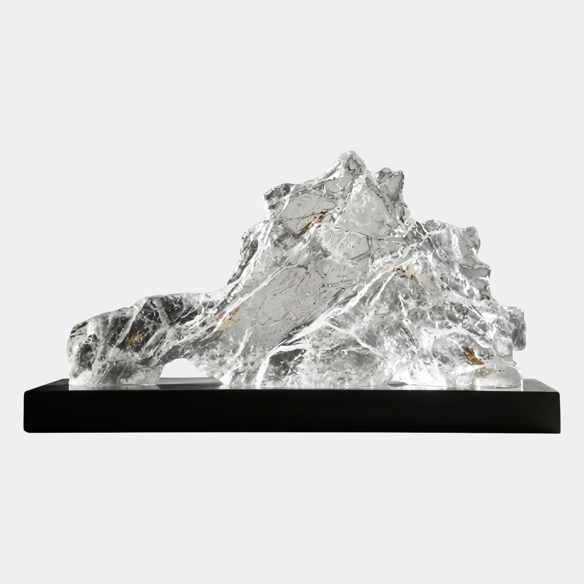 Clear Gold Flake Crackled Mountain Resin Sculpture on Black Marble - 80cm