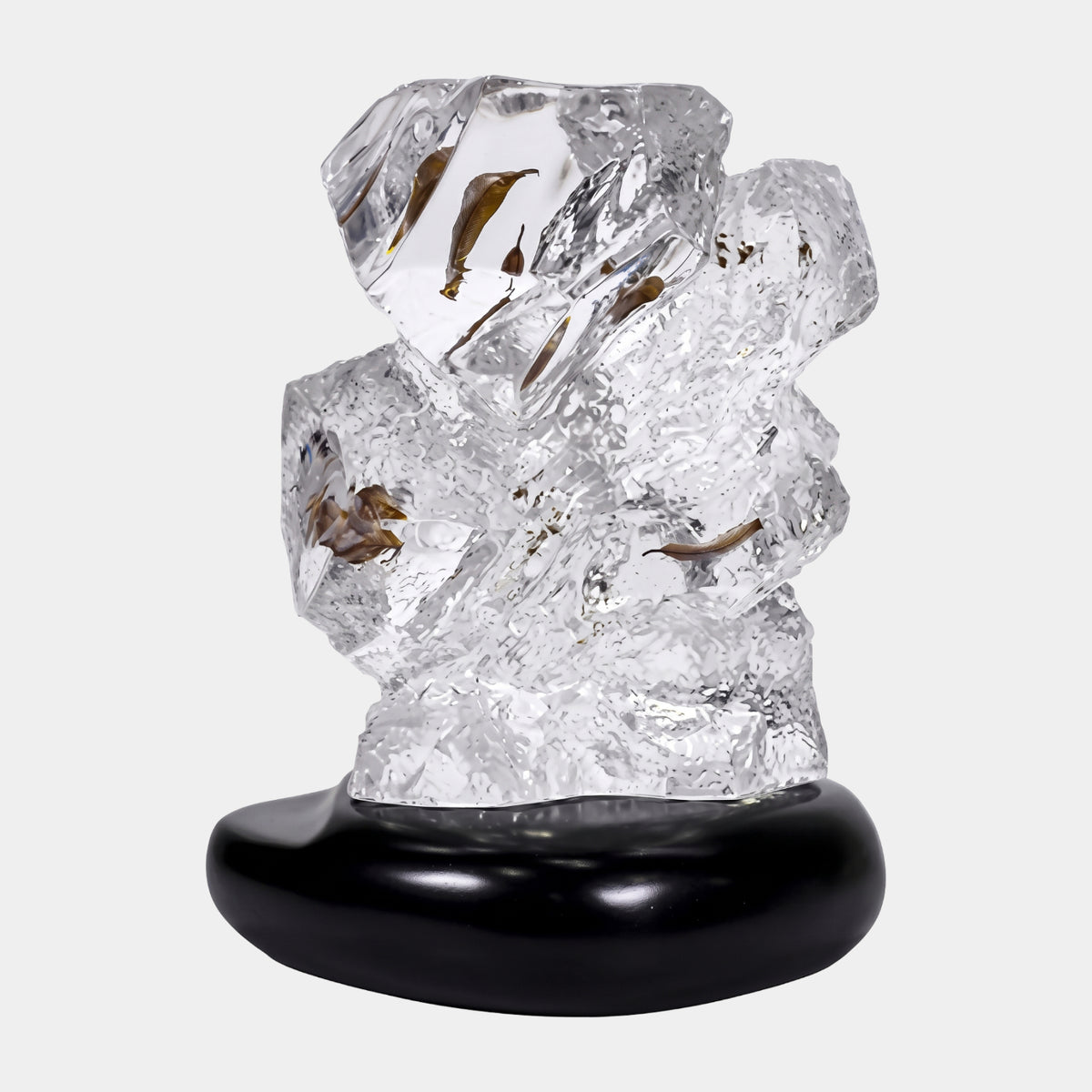 Clear Brown Leaf Tilted Cube Rock Resin Sculpture - 21cm