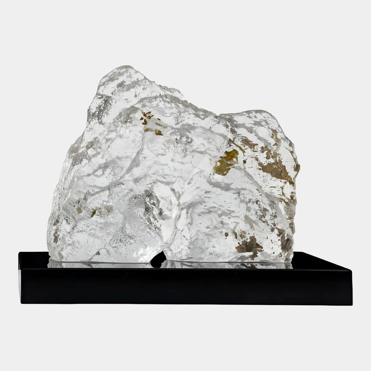 Clear Smoky Olive Flake Hunched Rock Resin Sculpture on Black Base - 55cm