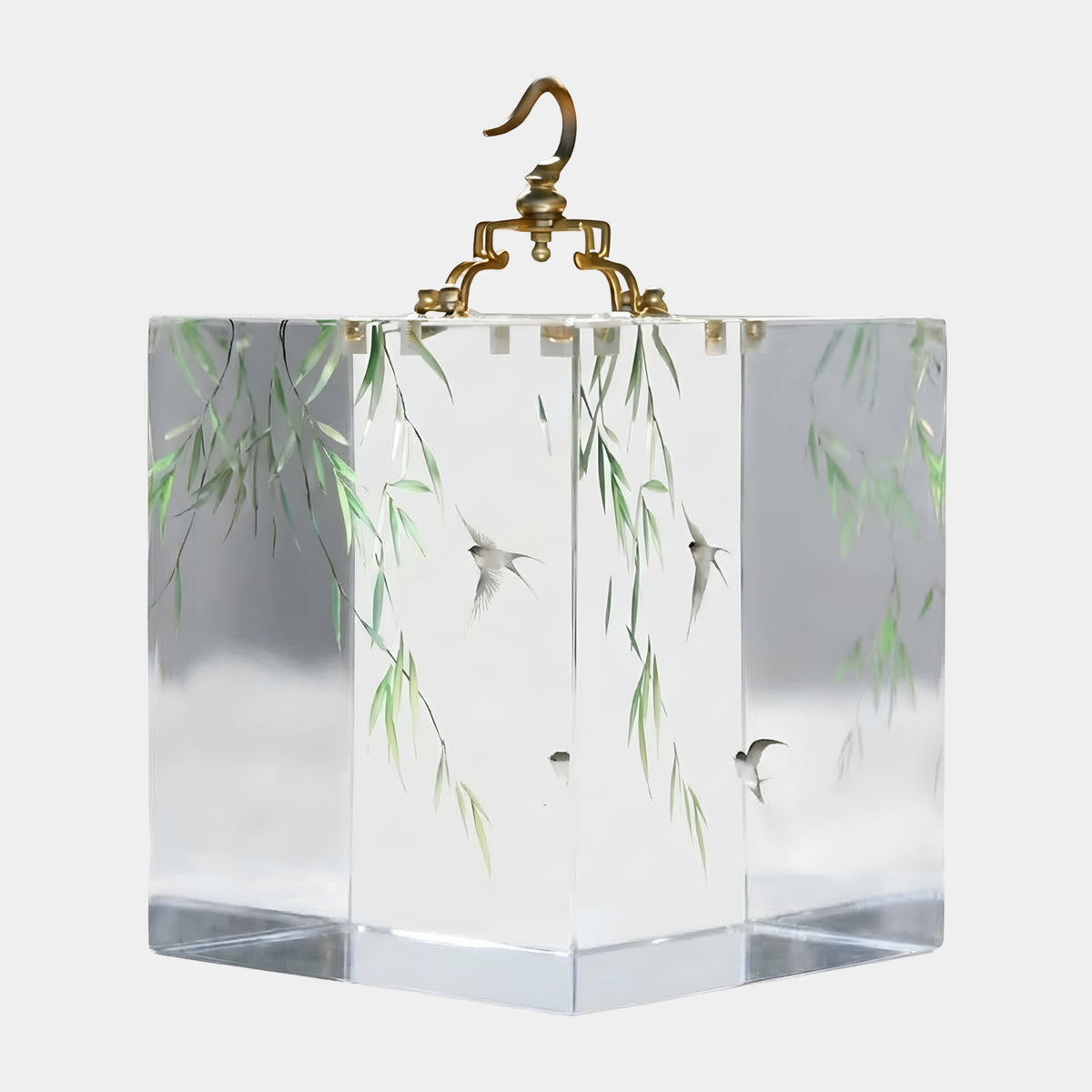 Clear Trailing Leaf & Flying Bird Block Resin Sculpture - 29cm