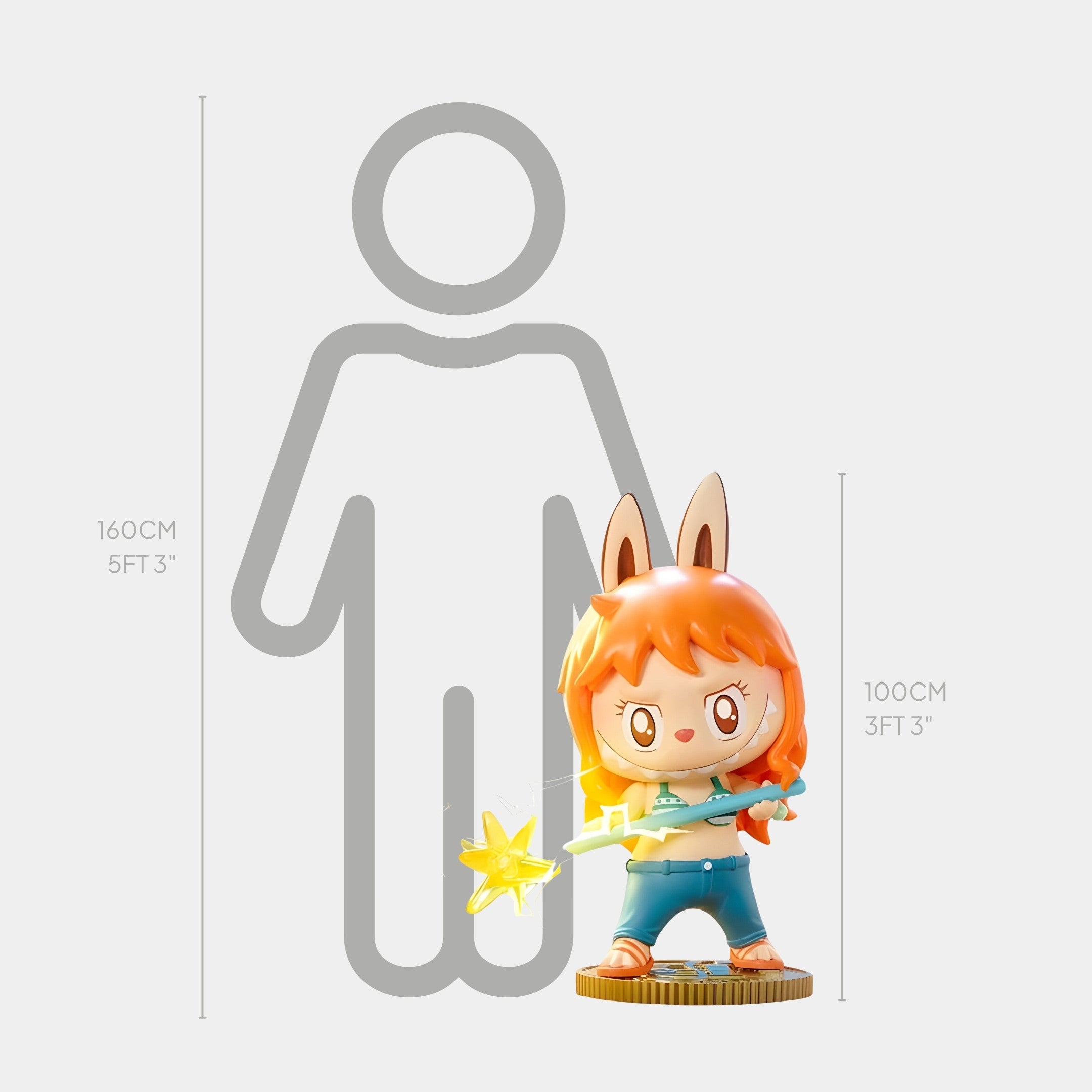 The Grand Line Nami Labubu Sculpture - 100cm by Giant Sculptures features chibi Nami with orange hair, bunny ears, and a star wand. Shown next to a 160cm outline, this fibreglass collectible is ideal for pirate-themed displays.