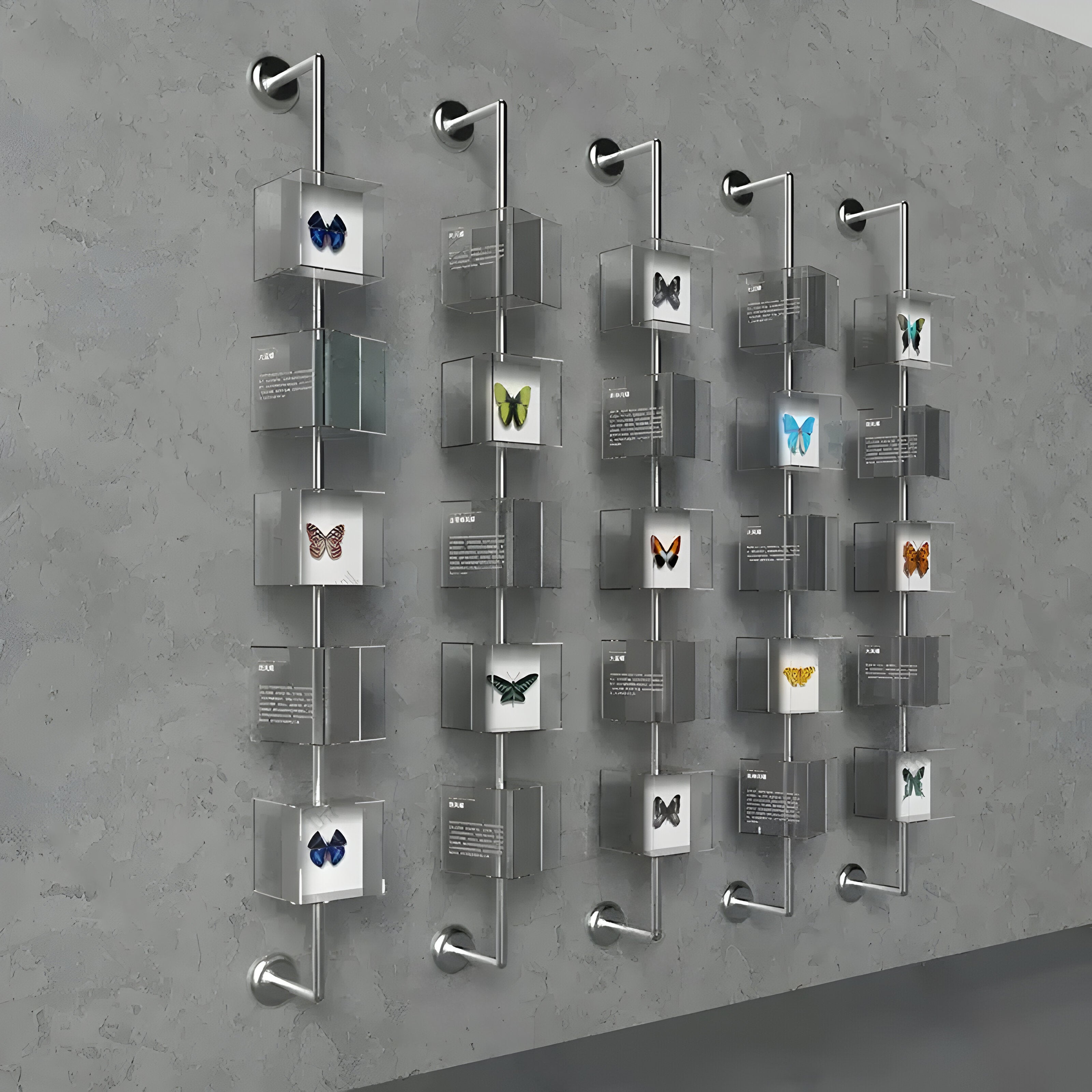 A minimalist display of the Giant Sculptures Papilio Butterfly Cascade Clear Modern 3D Wall Art Set features butterflies in acrylic cubes on a gray wall. Arranged in a grid, they showcase various species with informative plaques under each specimen.