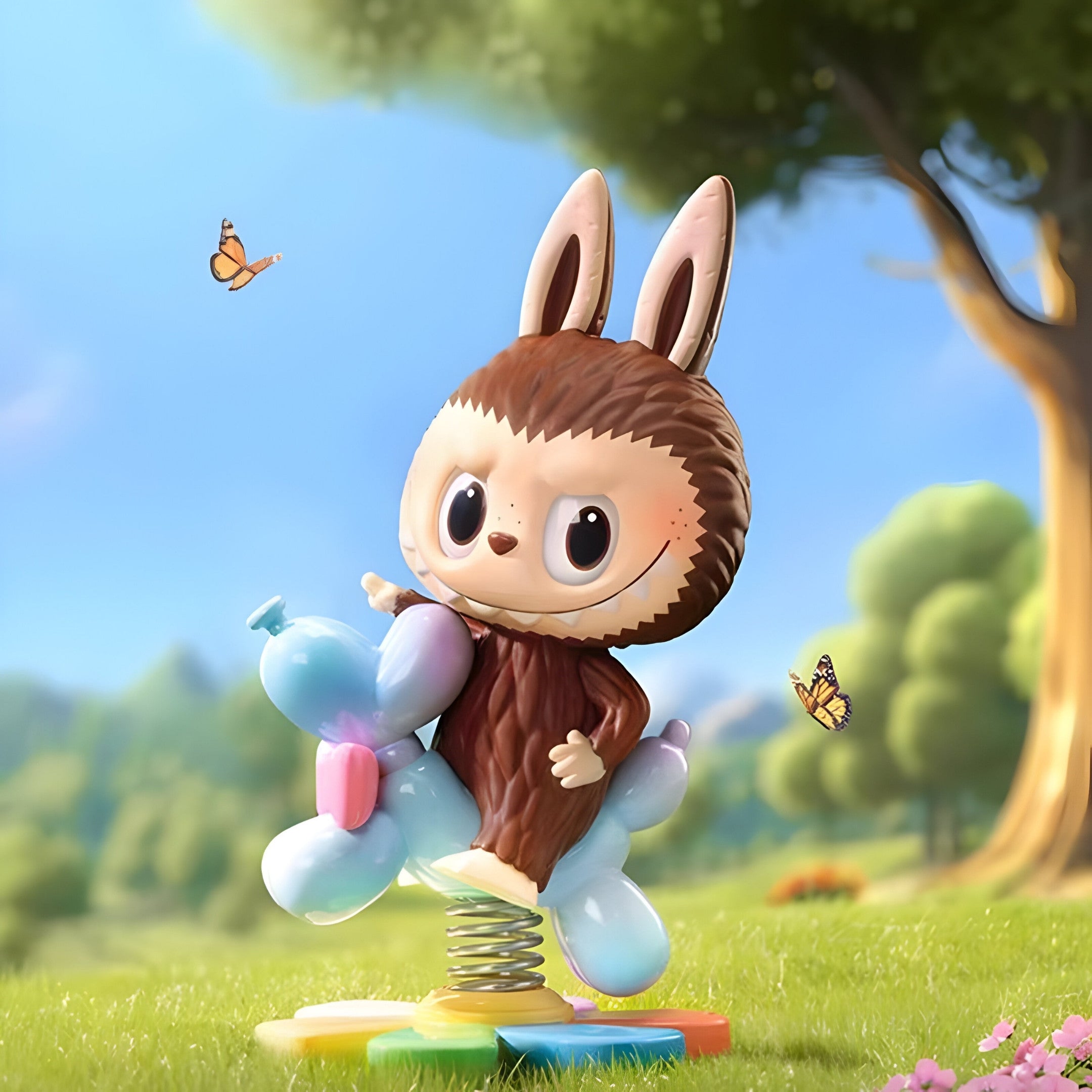 A cute cartoon animal in a fuzzy bunny-ear costume rides a colorful Giant Sculptures Mokoko Over There Labubu Sculpture (160cm) balloon dog spring toy in a sunny, grassy park with butterflies fluttering near a tree.