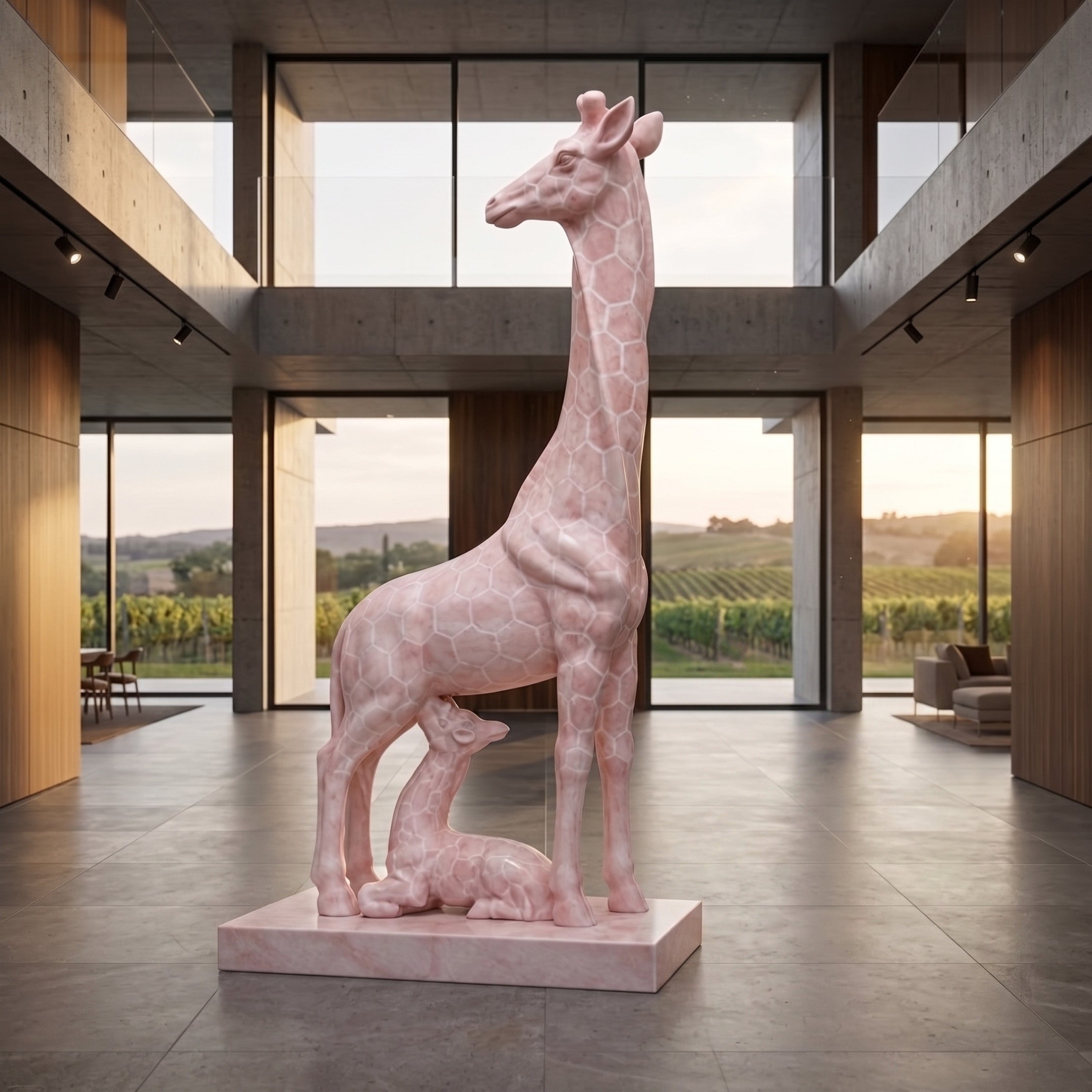 Giraffe and Calf Pink Marble Statue - 350cm, adult giraffe standing with calf resting at her feet on a rectangular base, shown in a glass-walled hall overlooking vineyards.