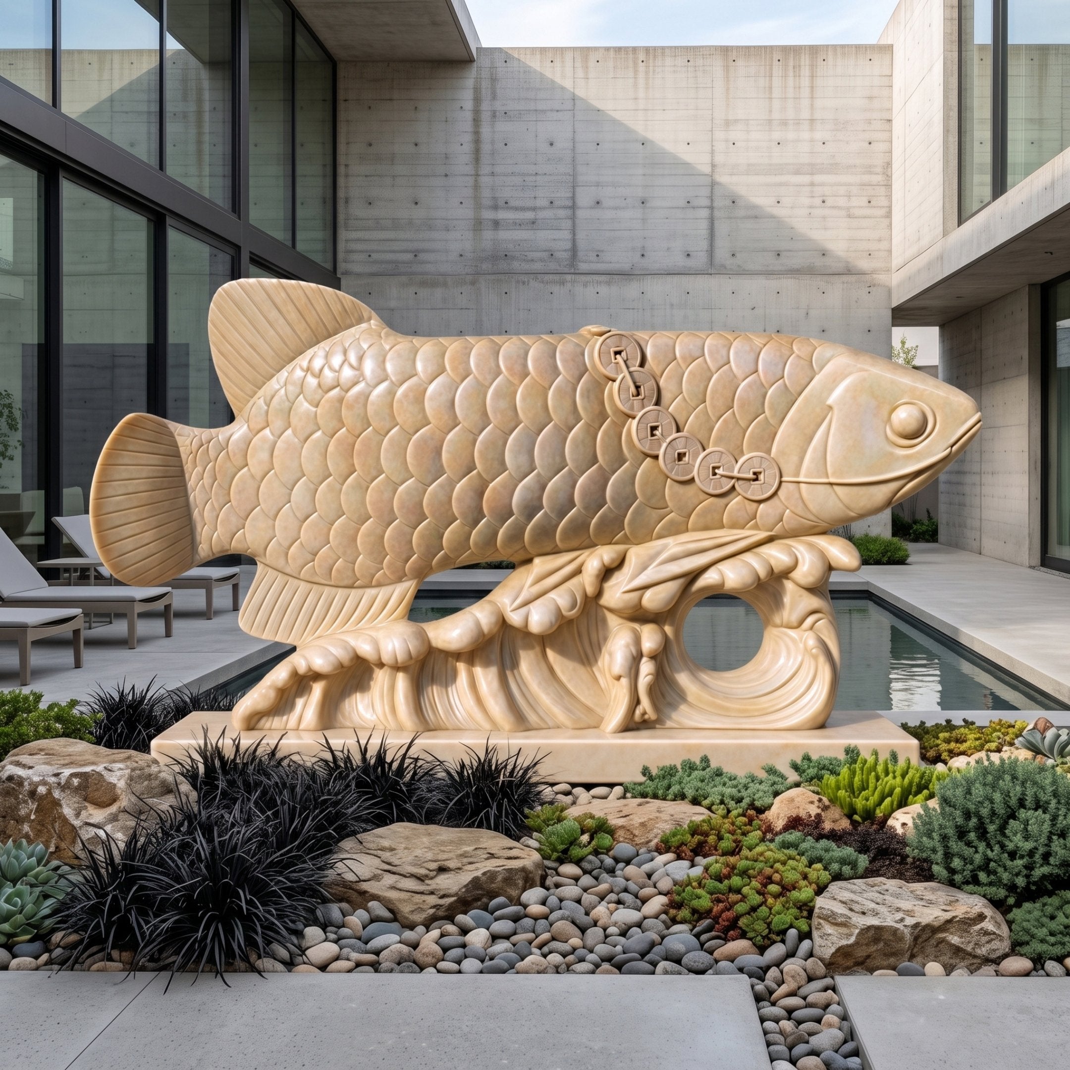 Arowana with Coins Beige Marble Statue, 180cm, carved fish with scaled body and coin string on flank, set on a courtyard base beside a pool and rock garden.