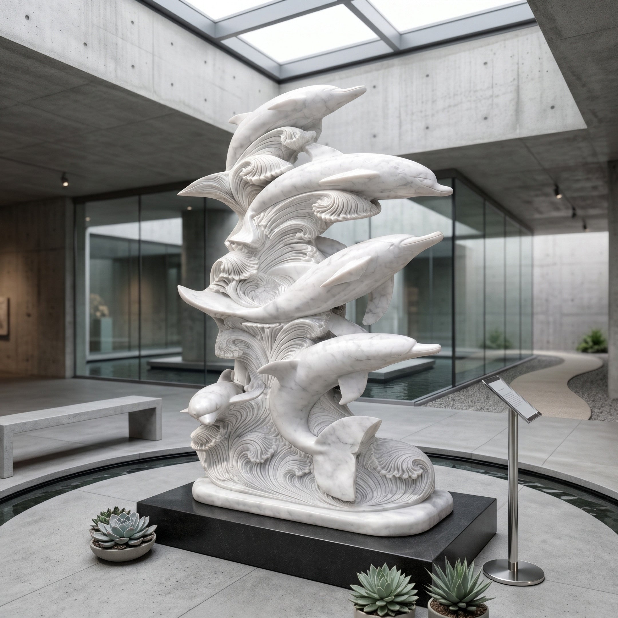 Five Dolphins on a Wave Column Marble Statue - 180cm in white, grey-veined marble on a black plinth, displayed in a modern glass-walled courtyard.