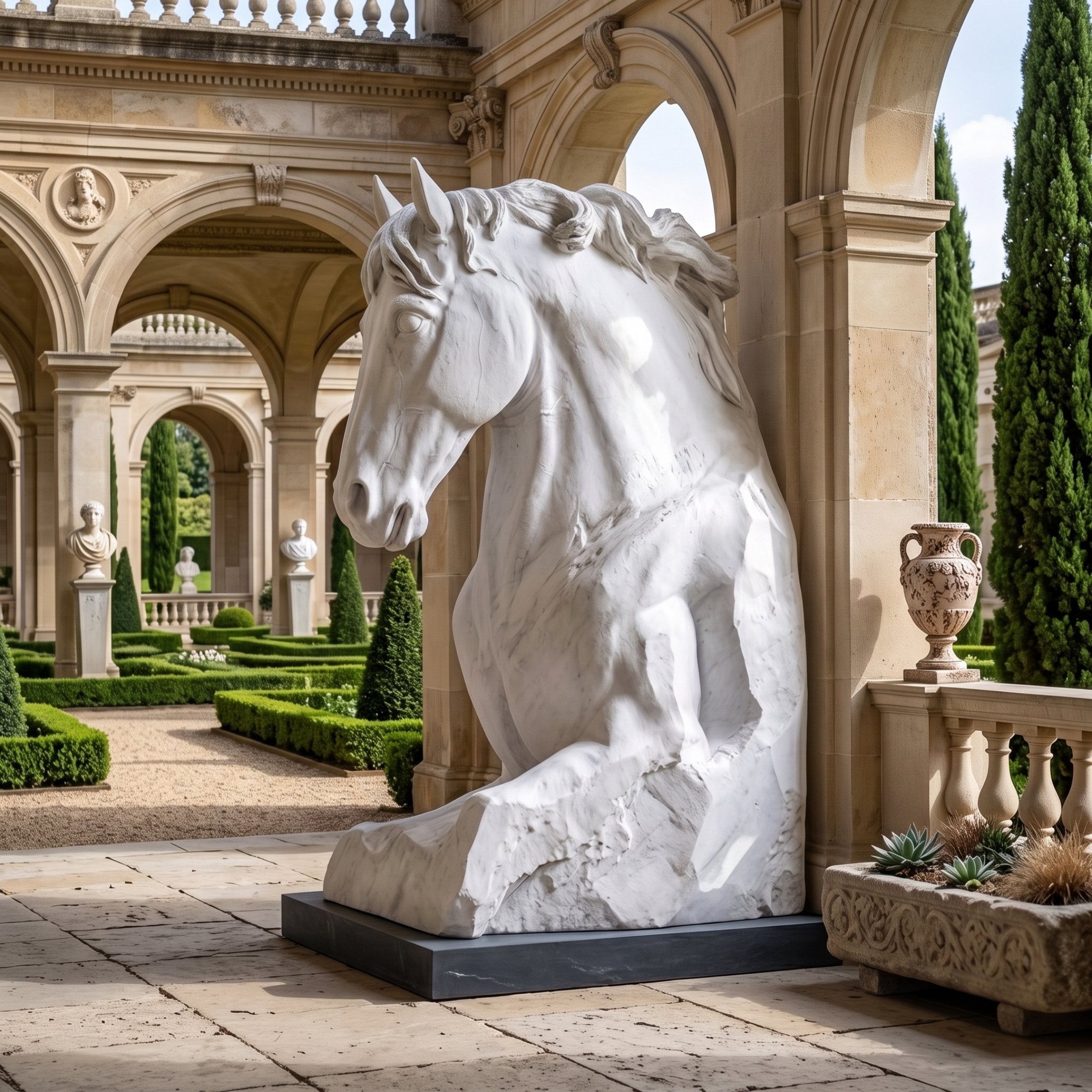 Horse Head from the Block Marble Statue - 250cm by Giant Sculptures, white marble horse head emerging from rough-cut stone, displayed on a black base in a colonnaded courtyard.