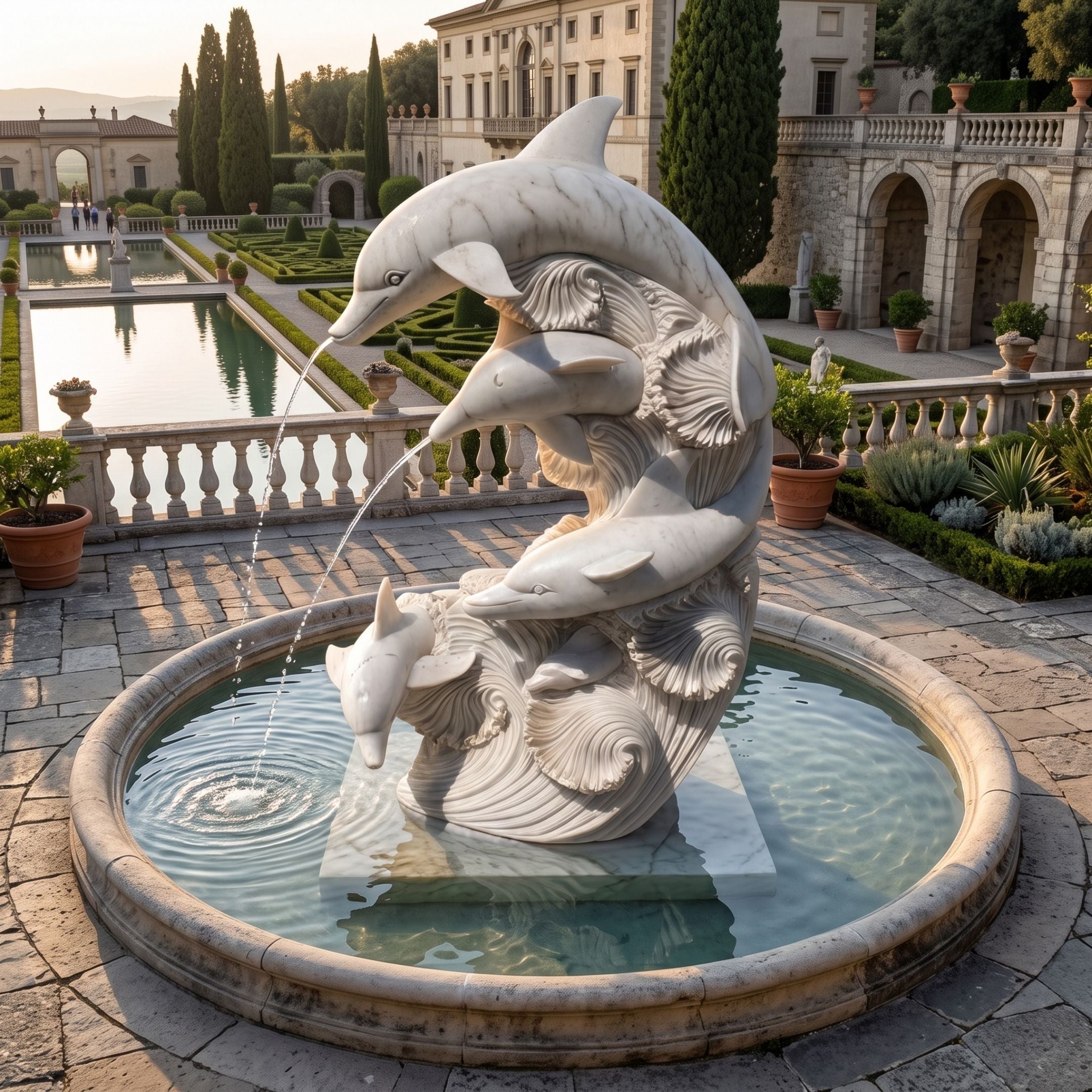Four Dolphin Marble Fountain - 220cm, white carved dolphins spiralling upward with water jetting from mouths, set in a round basin within a formal garden courtyard.