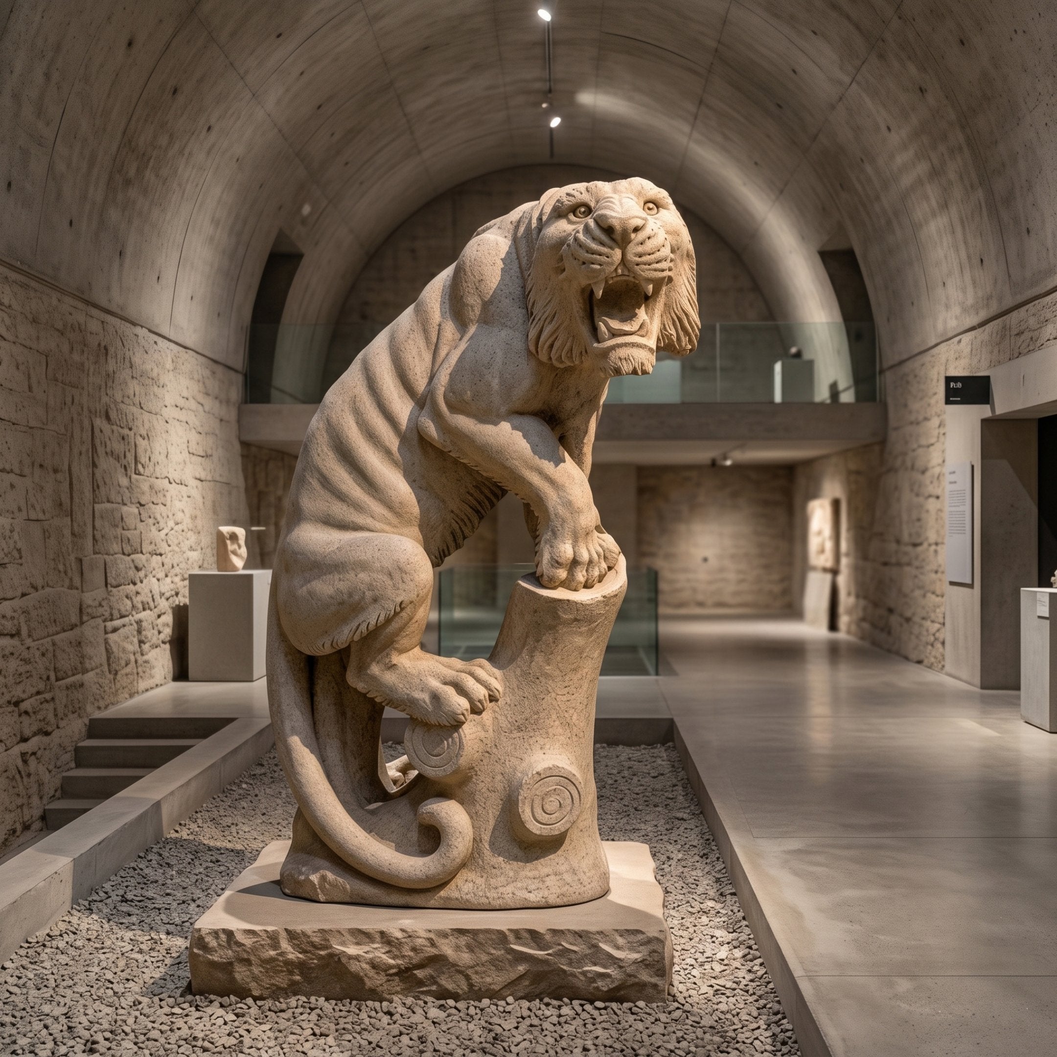 Roaring Tiger Sandstone Statue - 200cm, beige carved sandstone tiger perched on a stump base, displayed in a museum-style gallery hallway.