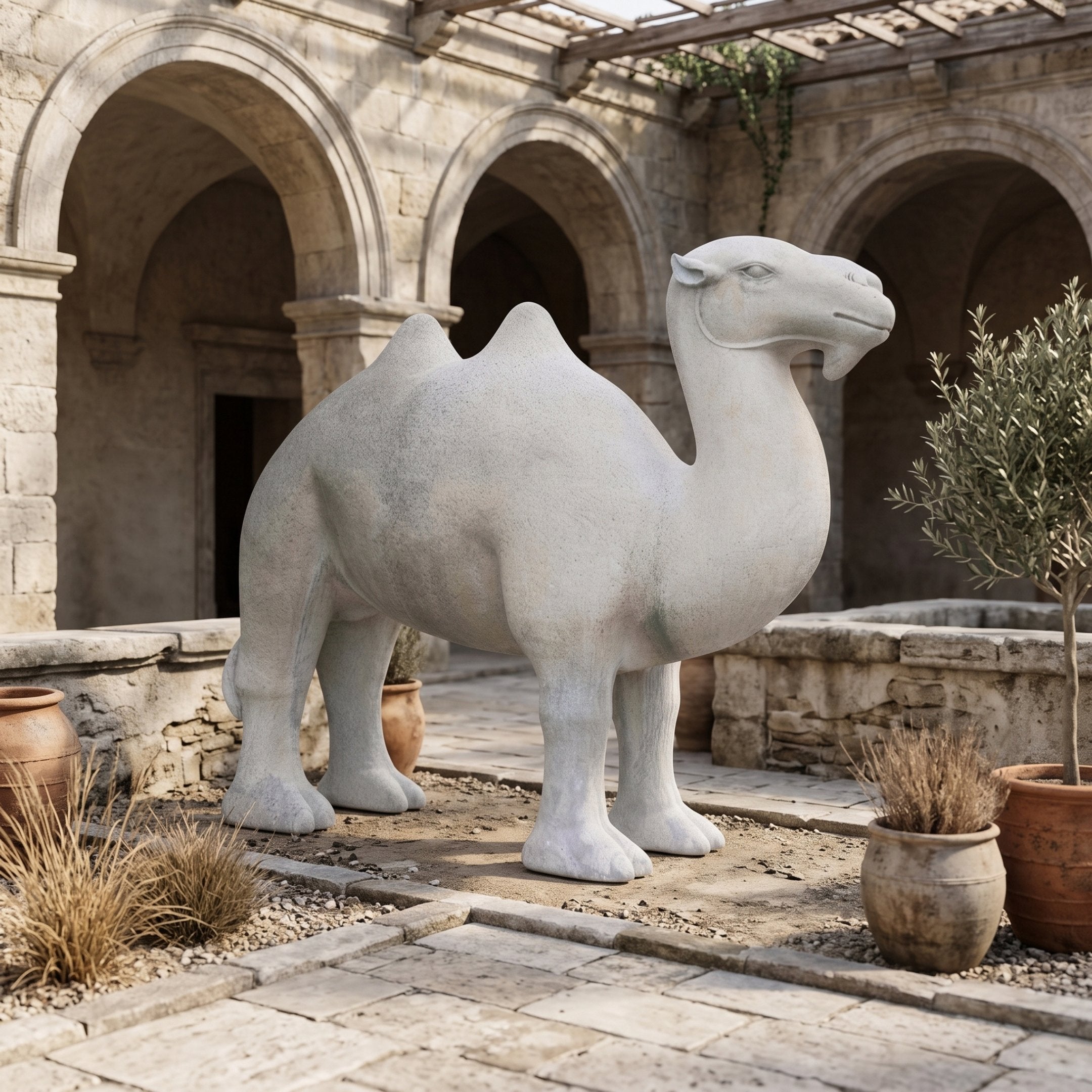 Standing Bactrian Camel Grey Marble Statue (250cm) by Giant Sculptures, shown in a stone courtyard with arches, terracotta pots, and an olive tree.