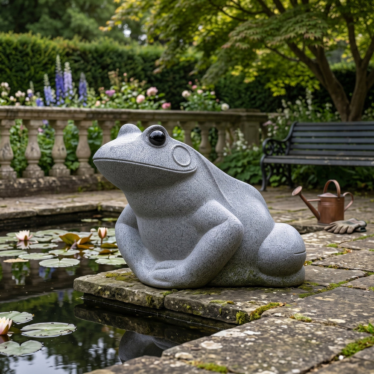 Sitting Frog Grey Granite Statue - 120cm by Giant Sculptures, smooth grey finish with glossy inset eyes, displayed poolside on stone paving in a garden setting.