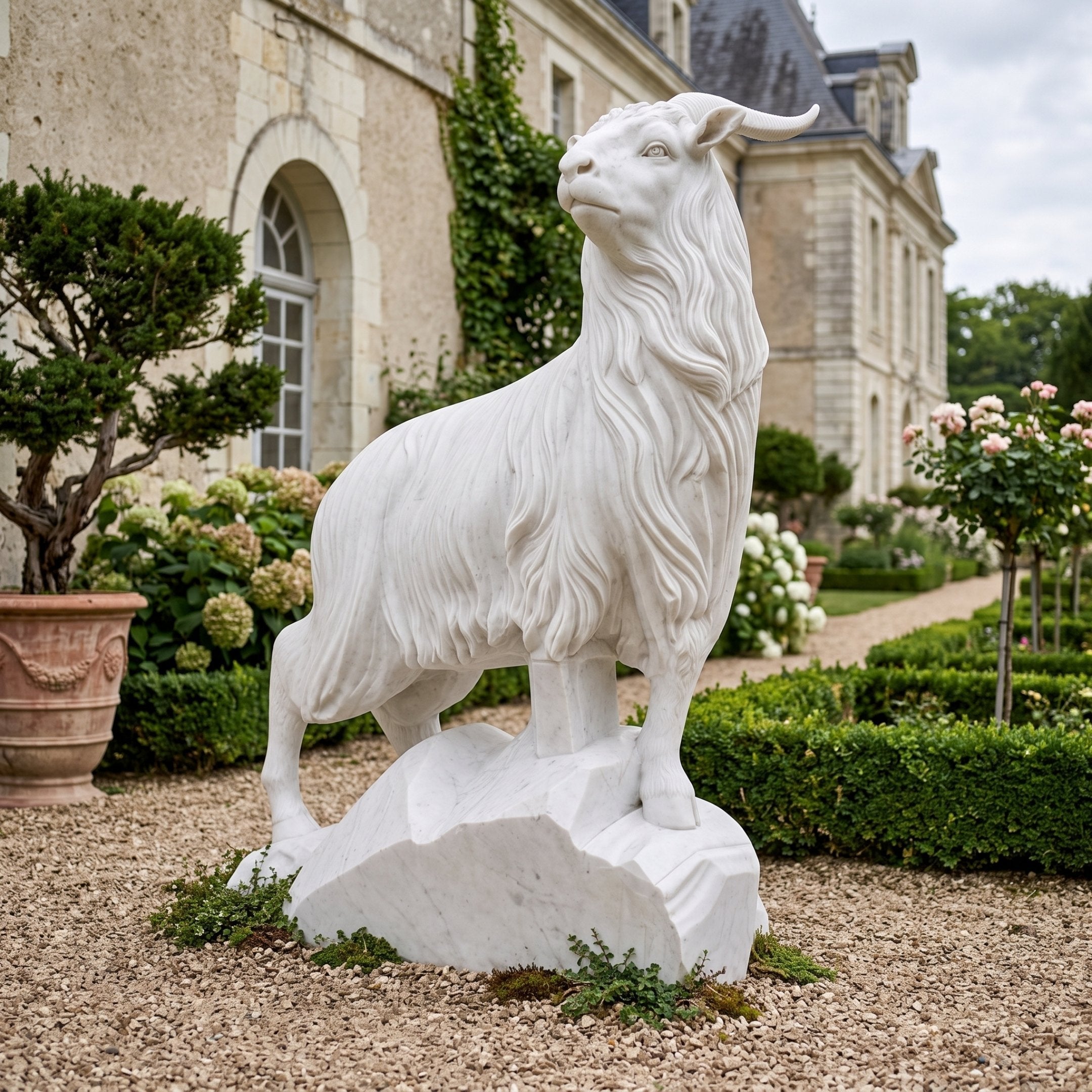 Standing Sheep White Marble Statue, 250cm, with raised head and ringed horns on a rocky base, displayed on a gravel path in a chateau garden.