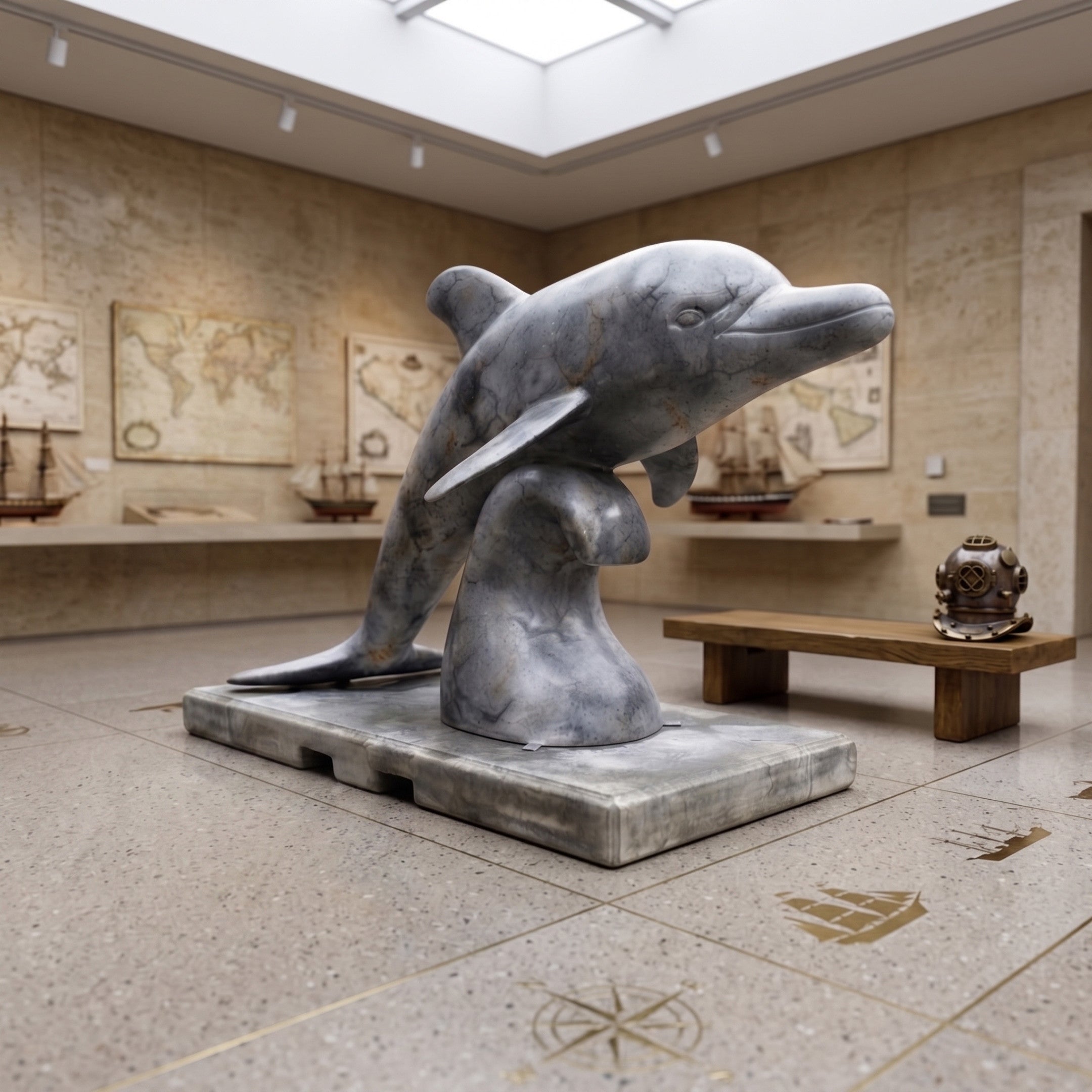 Arching Dolphin Grey Marble Statue - 180cm on a rectangular slab base, displayed in a gallery with wall maps and ship models nearby.