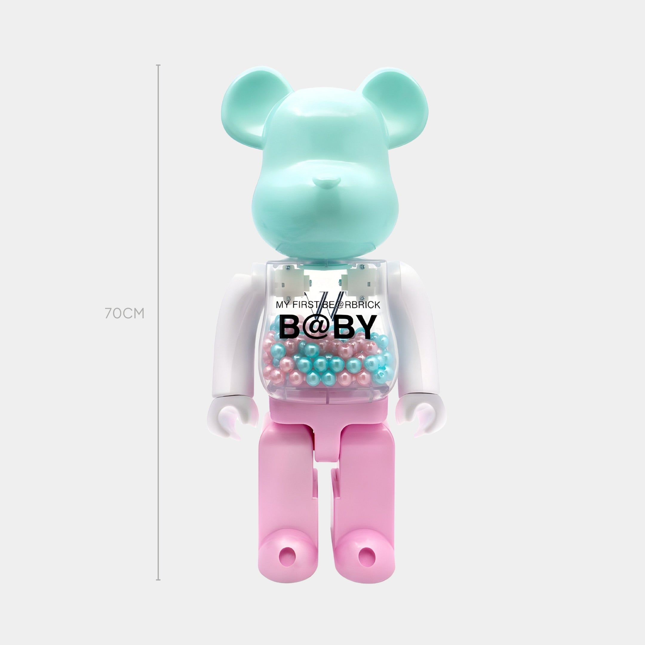 The Pastel Pearl Beads Bear Sculpture by Giant Sculptures stands 70cm tall, featuring a clear chest filled with pastel pearls and MY FIRST BE@RBRICK B@BY printed on it—ideal for calming, stylish interiors.
