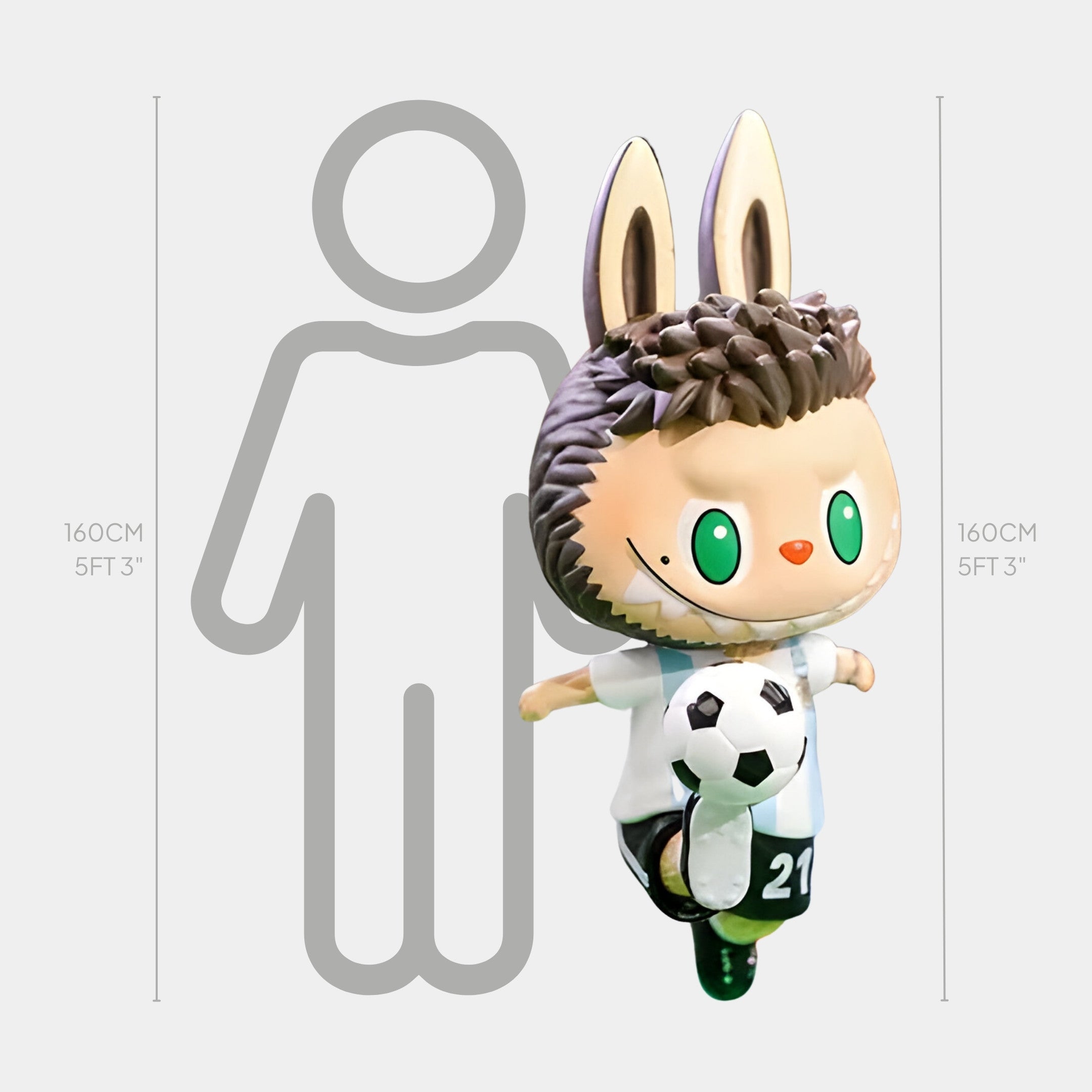 The Giant Sculptures World Cup No.21 Strike Labubu Sculpture (160cm) features a playful mascot with bunny ears, big green eyes, and a soccer ball, inspired by Argentinian football art and wearing a white shirt with number 21.
