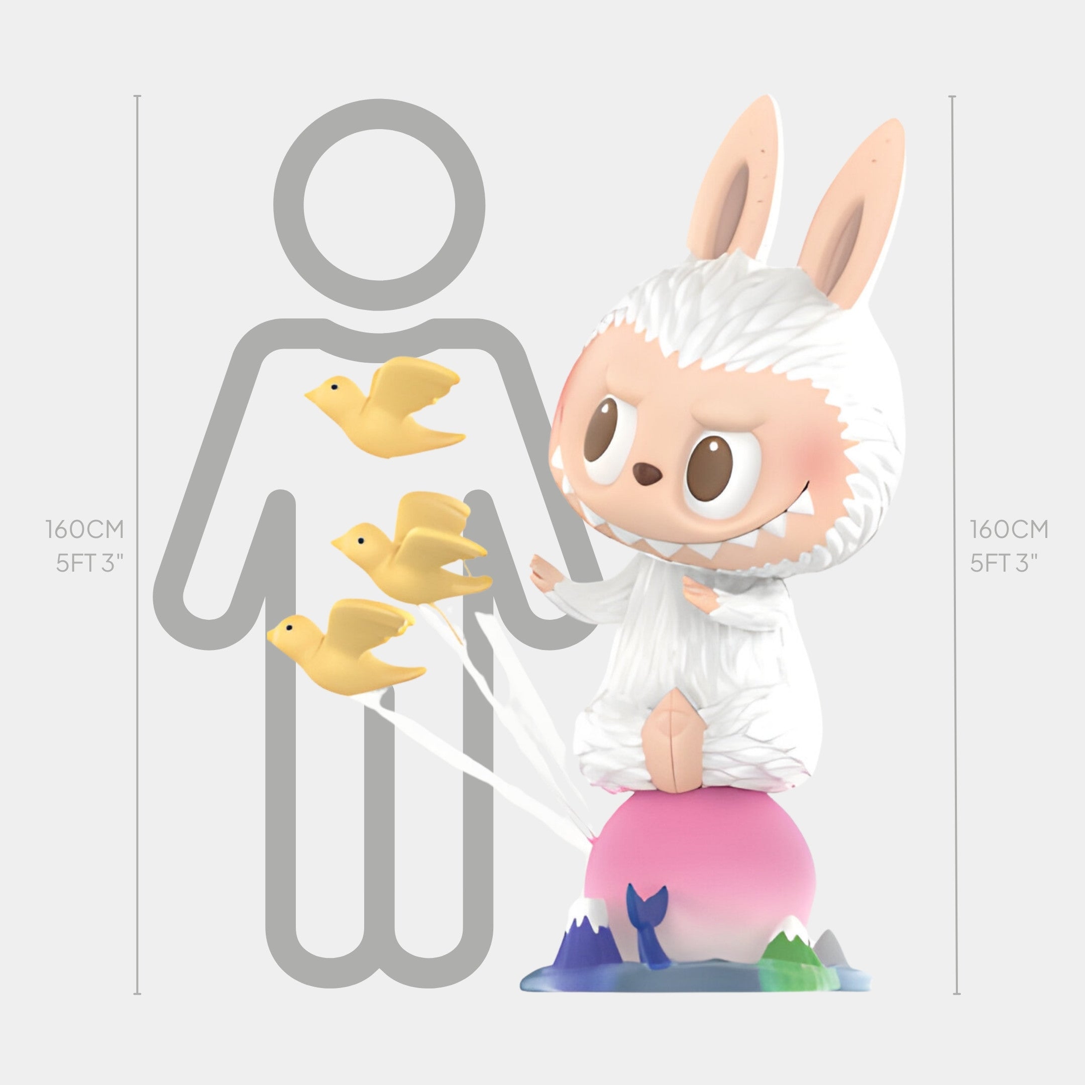 The Peach Fruit Labubu Sculpture by Giant Sculptures stands 160cm tall, featuring a cute figure in a white bunny suit on pink-purple rocks with yellow birds—perfect for modern interiors. Human silhouette (160cm) shown for scale.