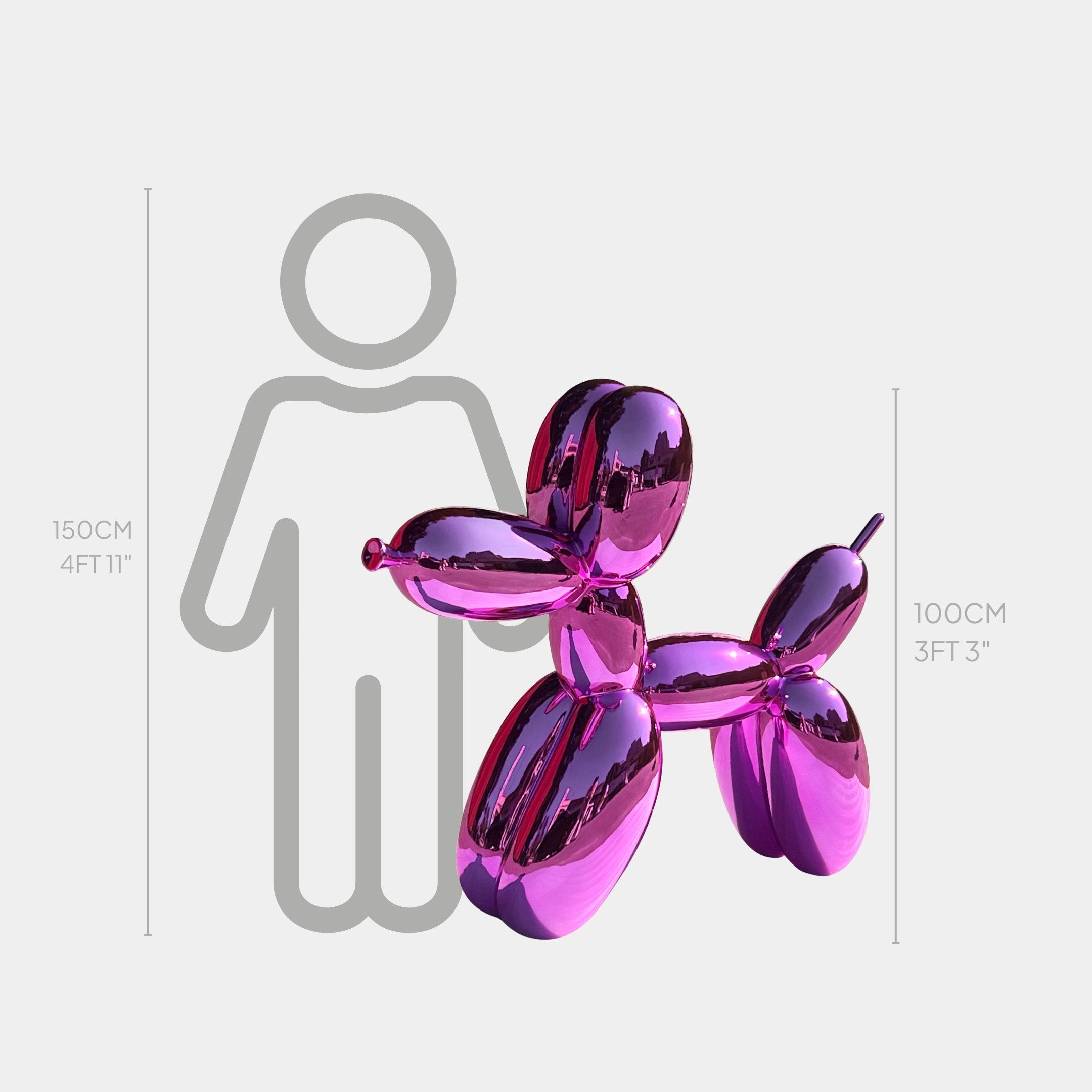 The Flamingo Pink Balloon Dog Sculpture by Giant Sculptures stands 100cm (3 ft 3 in) tall, shown next to a 150cm (4 ft 11 in) gray person outline for scale—making it a bold contemporary art statement.