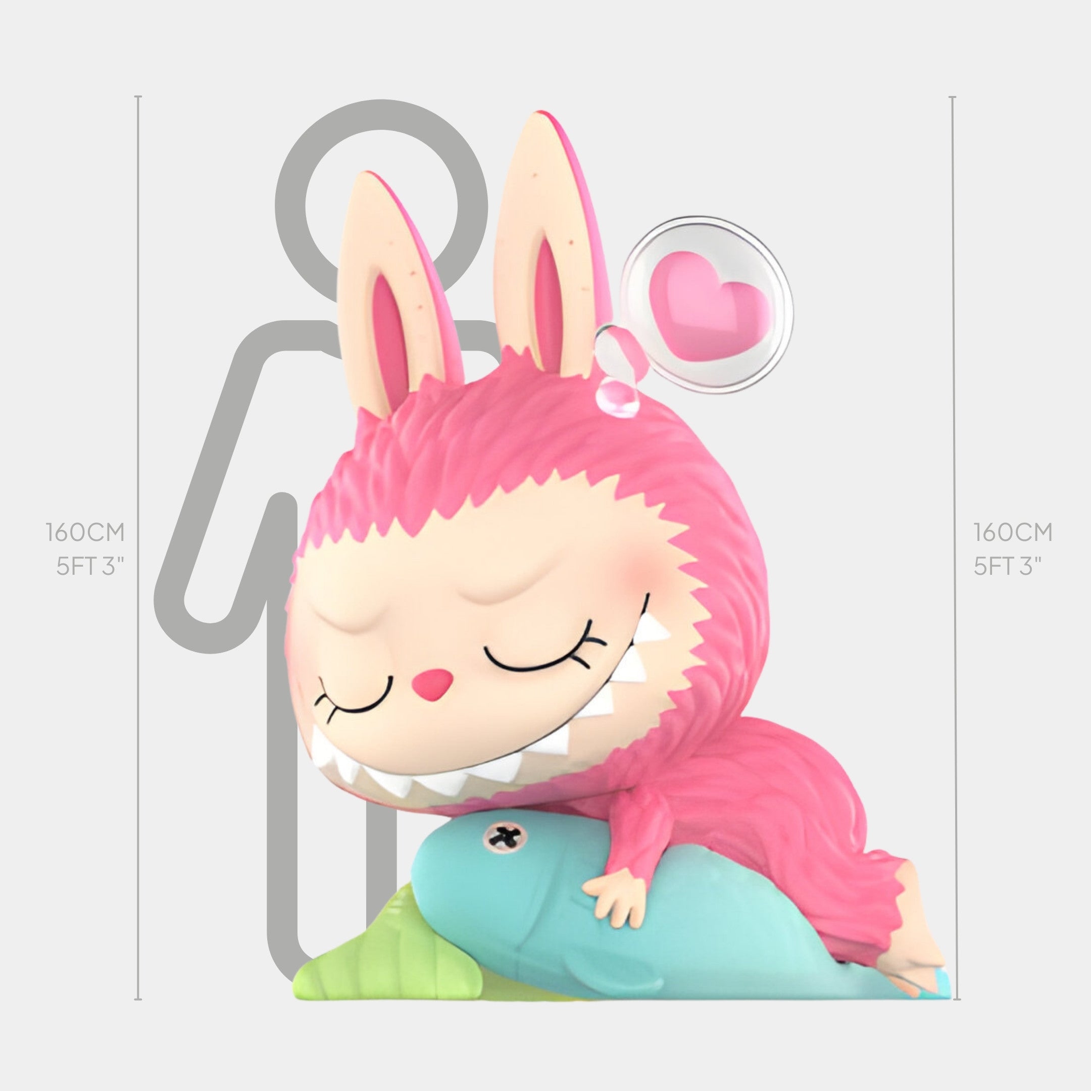 The Giant Sculptures Constellation Pisces Labubu Sculpture (160cm) features a cute pink bunny-inspired figure sleeping on a blue plush fish, with a grey human silhouette and height markers showing its impressive size.
