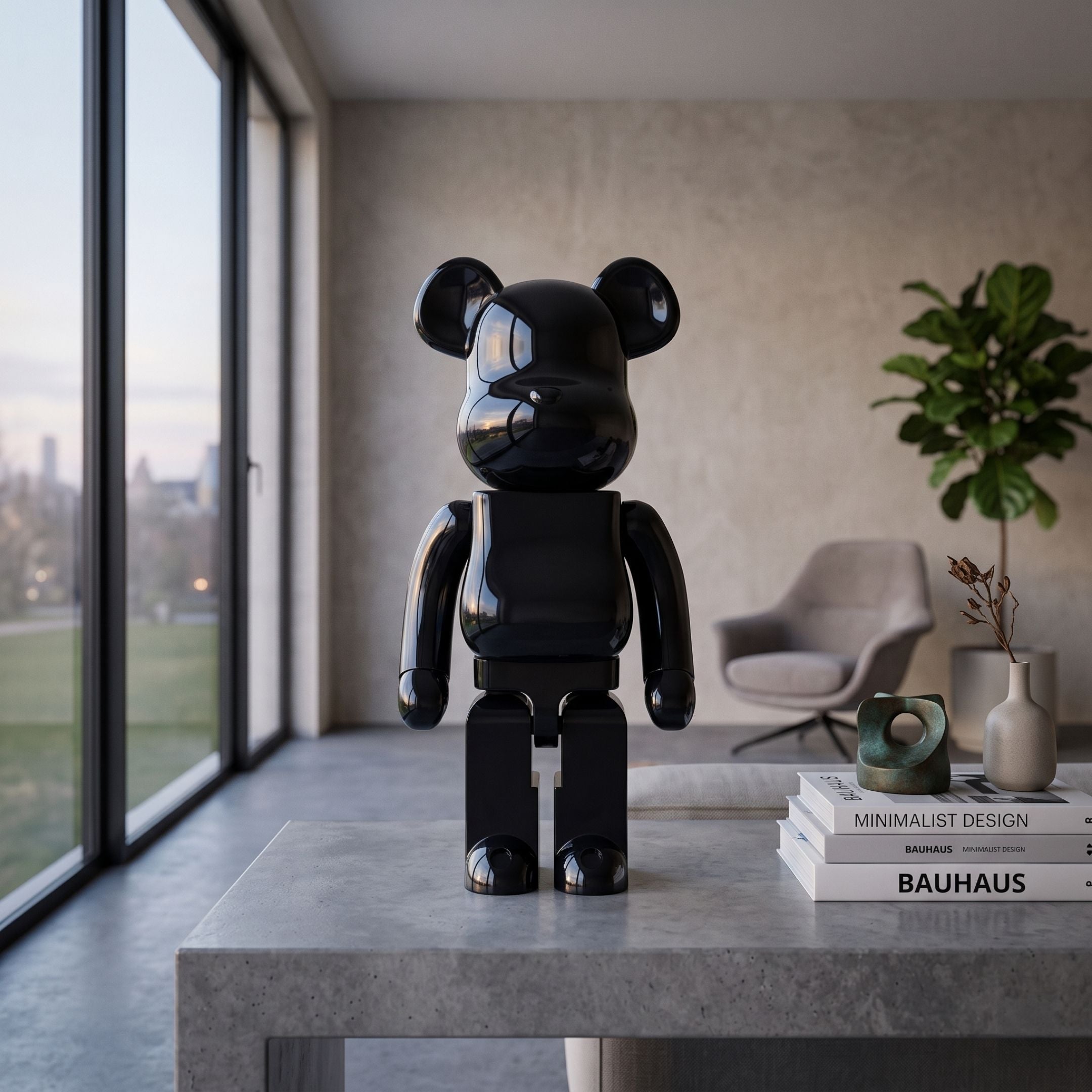 Pure Black Bear Sculpture - 70cm in glossy black resin, standing on a concrete table beside a stack of design books in a modern living room.