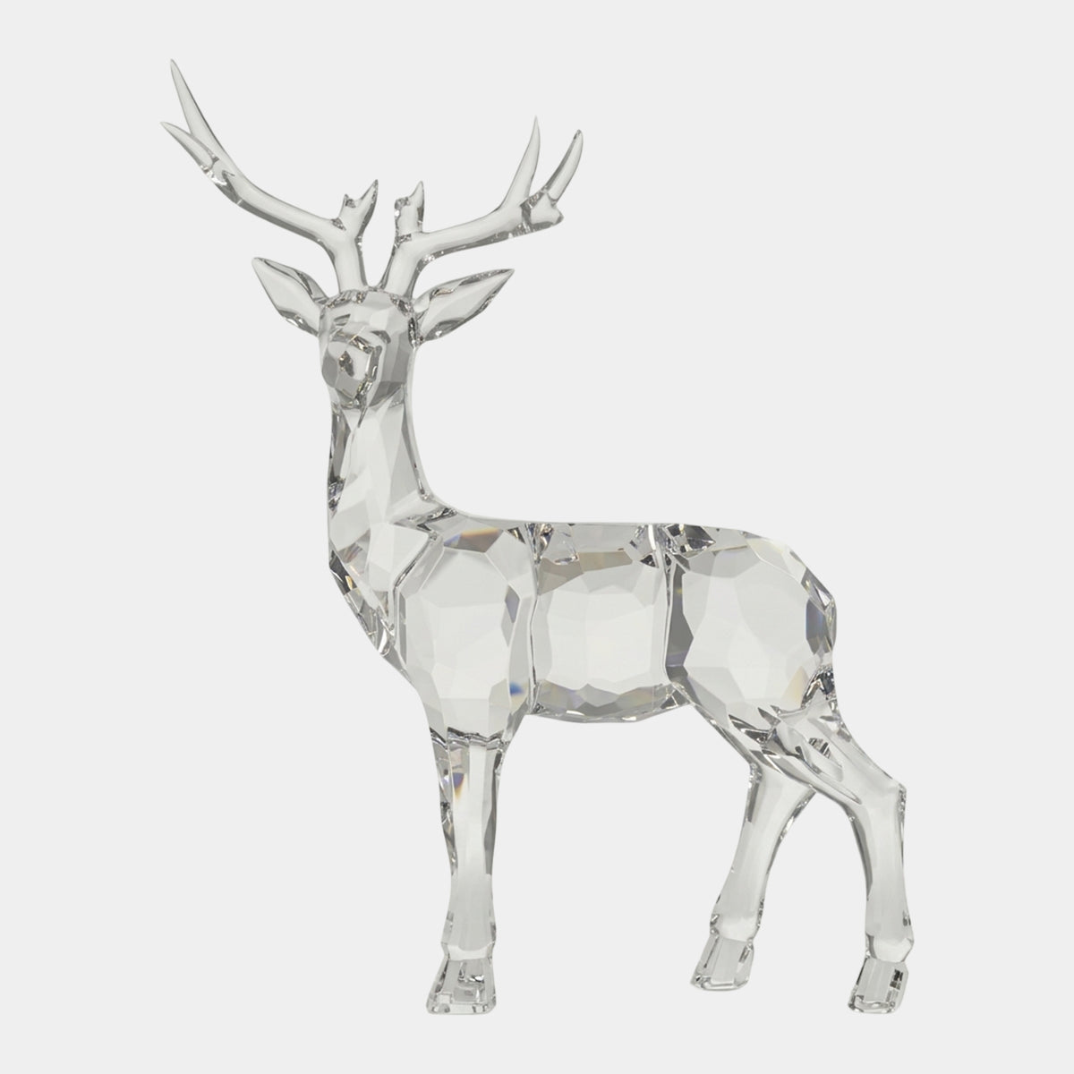 Clear Faceted Stag Cast Resin Sculpture - 97cm, a standing deer with antlers and faceted planed surfaces, shown against a plain white background.