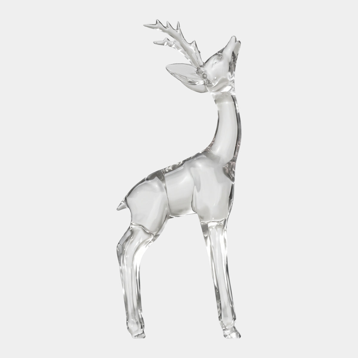 Clear Slender Stag Cast Resin Sculpture - 112cm, head raised with antlers swept back, standing on all four legs against a plain light background.