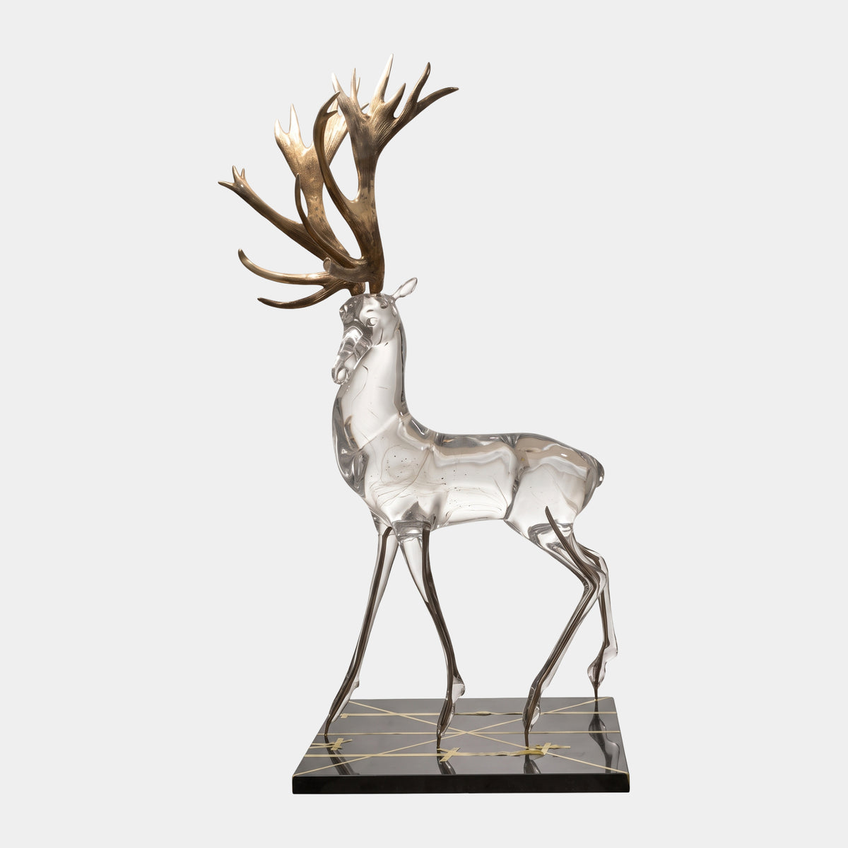 Clear Stag with Bronze Antlers on Black Marble Resin Sculpture - 180cm