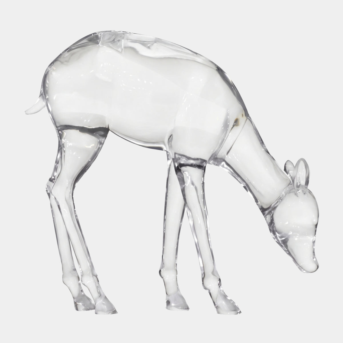 Clear Lowered-Head Doe Cast Resin Sculpture, 63cm, side view with head bowed to the ground, on a plain white background.