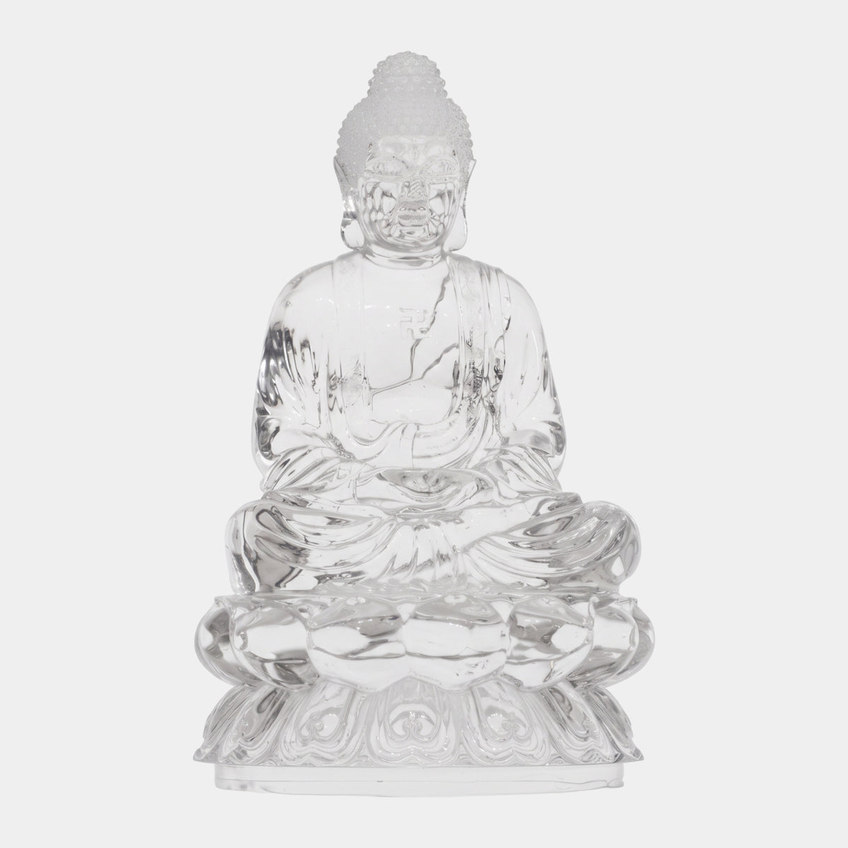 Clear Seated Buddha on a Lotus Cast Resin Sculpture, 62cm, shown seated in meditation on a tiered lotus base against a plain white background.