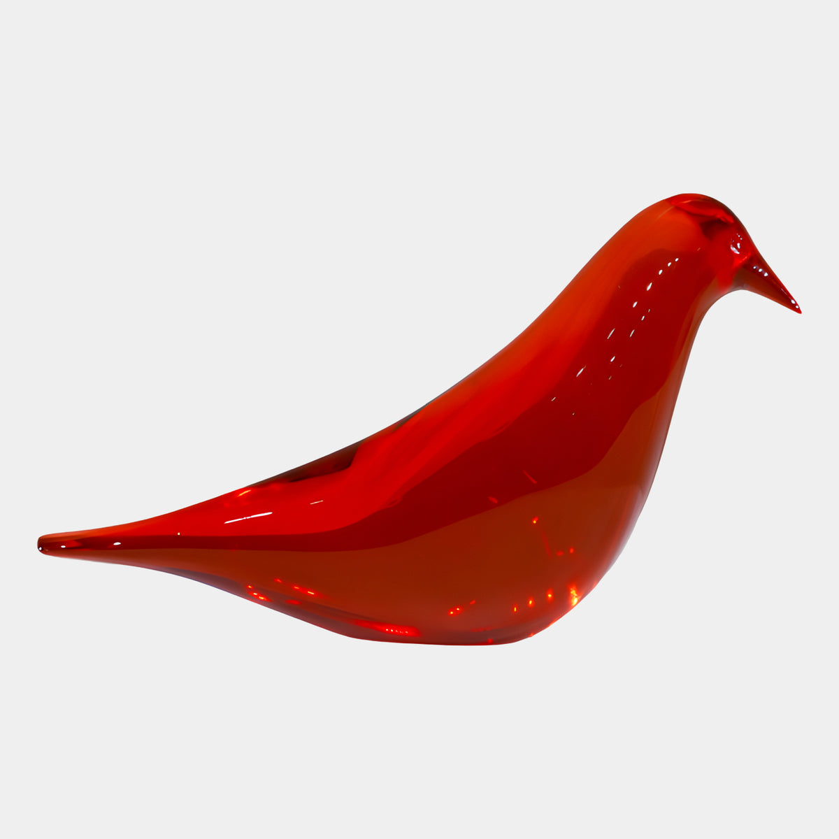 Red Single-Form Bird Cast Resin Sculpture - 30cm, a translucent red teardrop-shaped bird with no wings or feet, resting on its tail, shown on a plain white background.