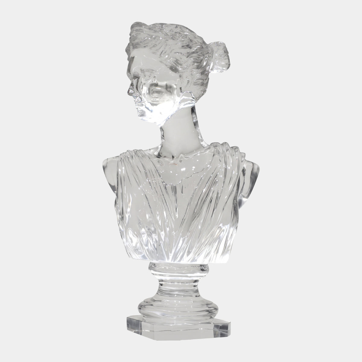 Clear Turning Woman Bust Cast Resin Sculpture, 85cm, head turned with draped shoulder over a ring-moulded socle base, on a plain white background.