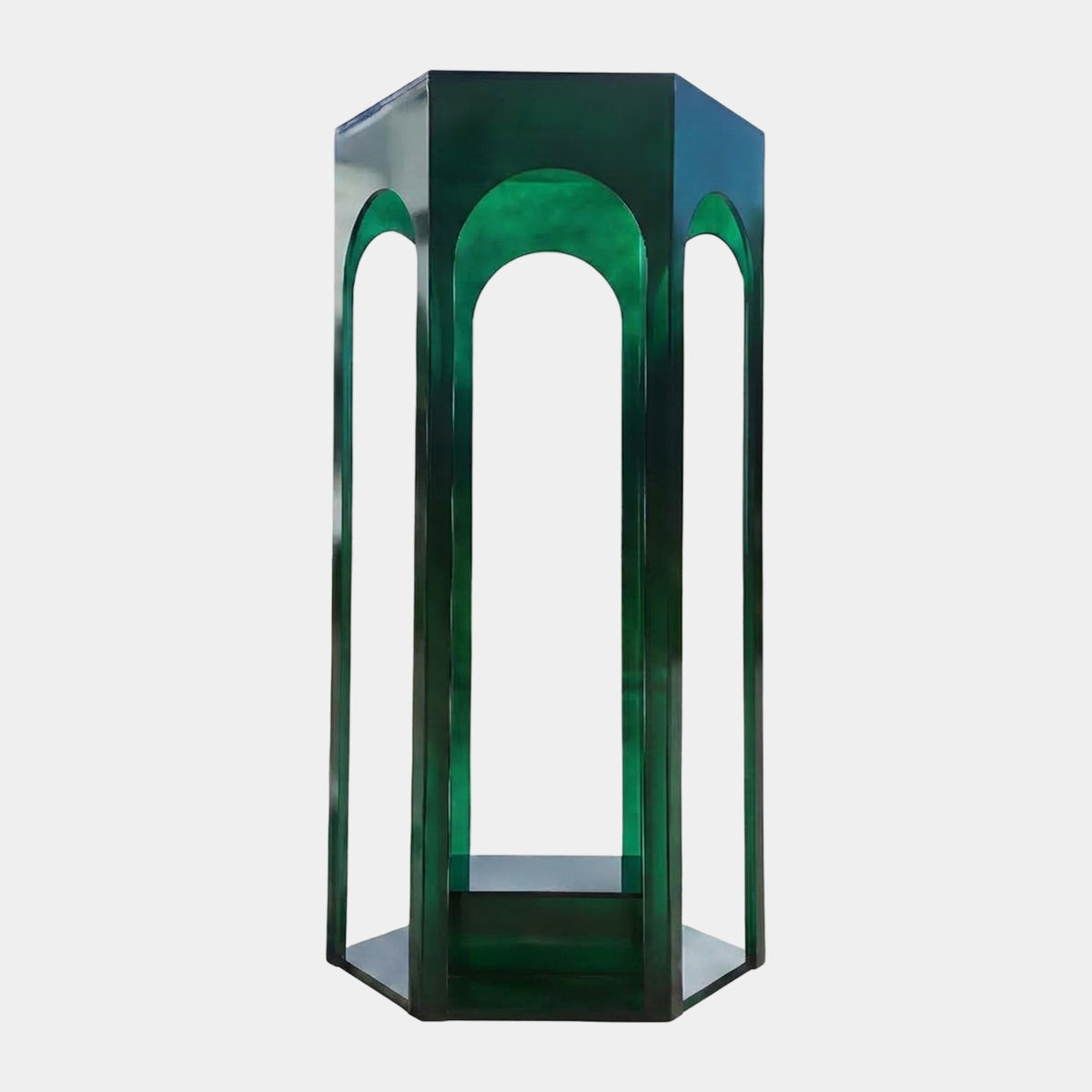 Green Six-Sided Arched Acrylic Kiosk Sculpture, 247cm, emerald-green hexagonal acrylic structure with tall arches, shown on a plain white background.