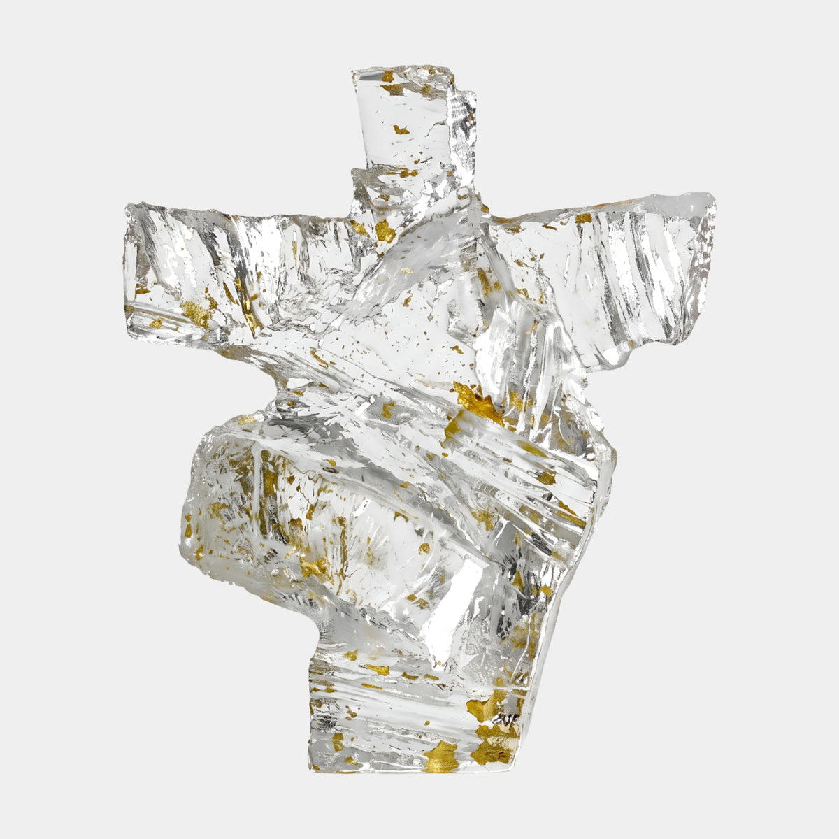 Clear Gold-Flecked Level-Armed Torso Resin Sculpture, 26cm, cross-shaped torso with level-cut arm stumps and gold flecks within clear resin, on a plain light grey background.