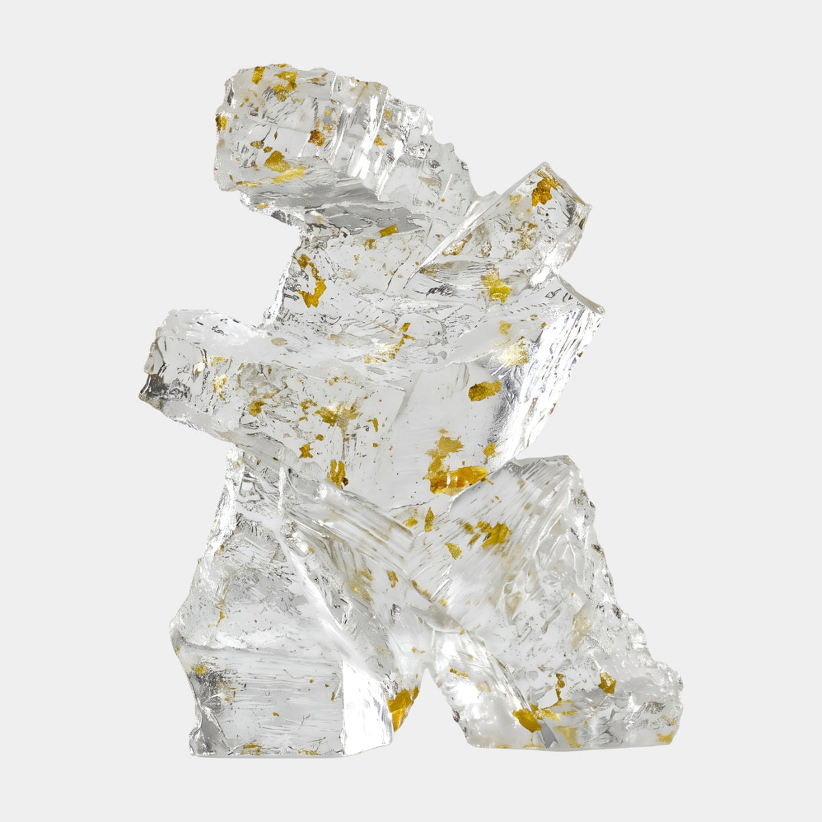Clear Gold-Flecked Twisting Torso Resin Sculpture, 26cm, with hewn blocks twisting through the figure and gold leaf flecks throughout, shown on a plain white background.