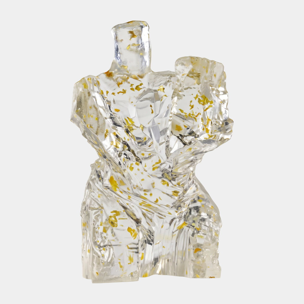 Clear Gold-Flecked One-Armed Torso Resin Sculpture, 25cm, with gold leaf flecks concentrated at the chest, shown against a plain white background.