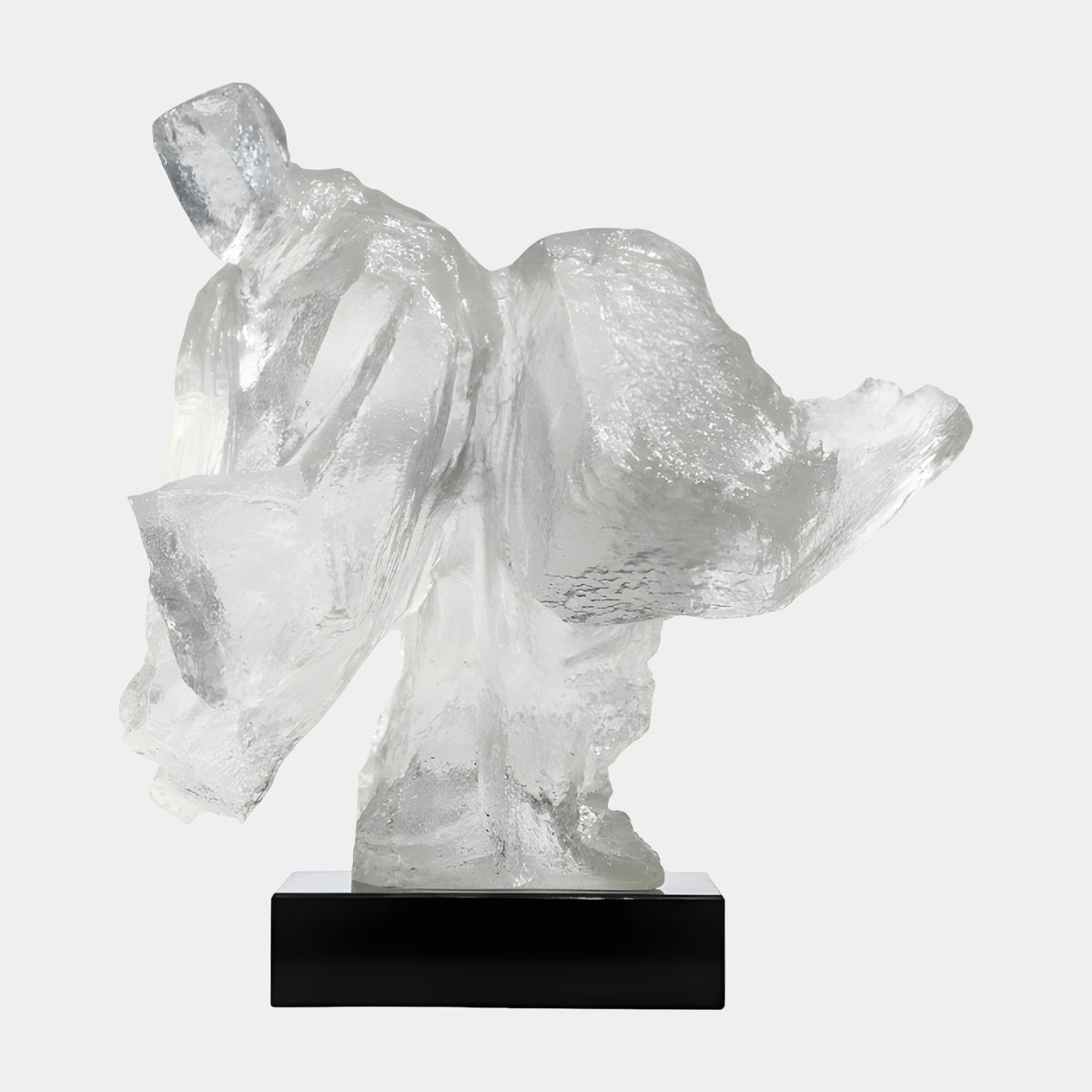 White Frosted Winged-Shoulder Torso Resin Sculpture, 44cm, with flat wing-like arms on a black stone base, shown against a plain light background.