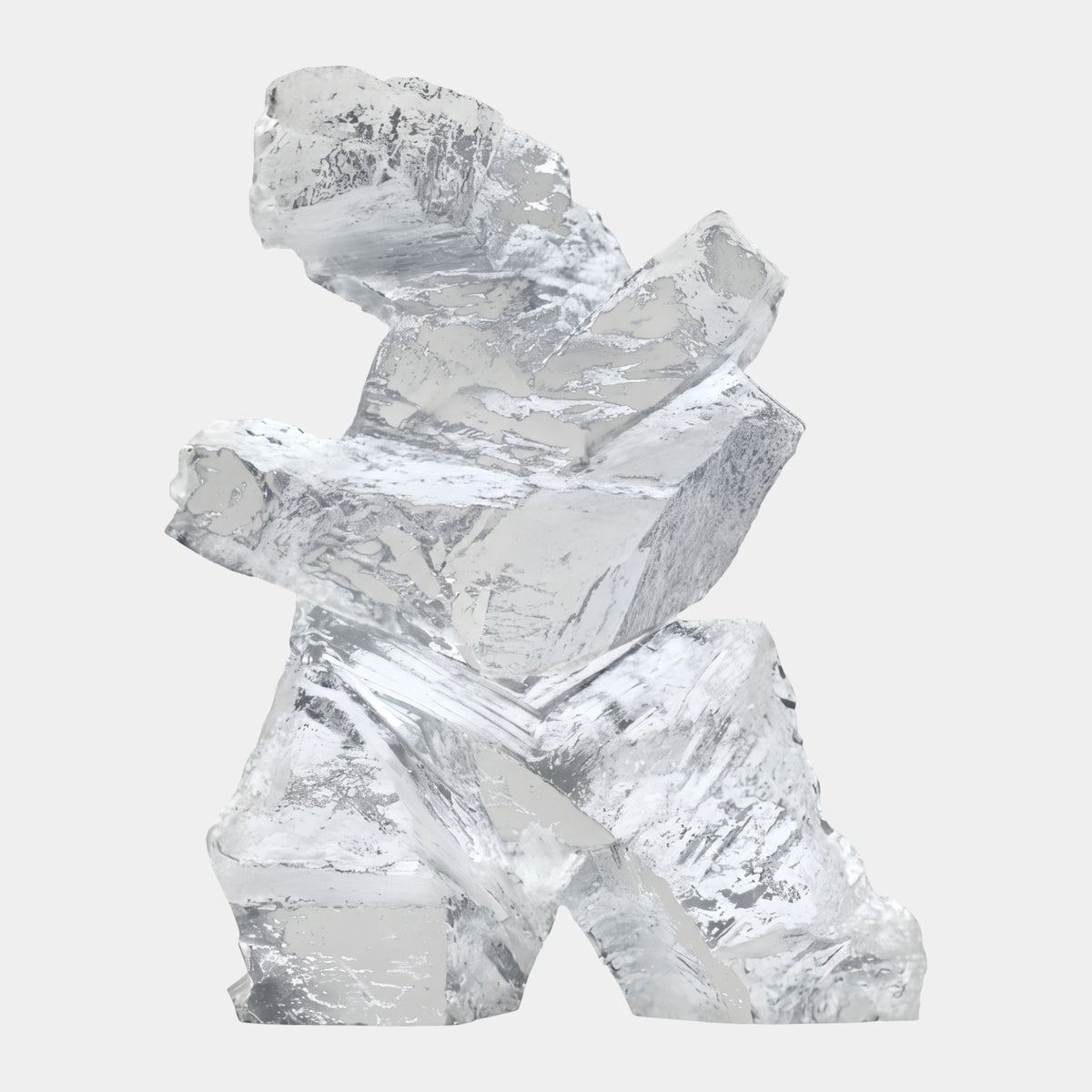 Clear Stepped Torso Cast Resin Sculpture, 44cm, abstract stepped form in clear resin, standing directly on its flat base, shown against a plain white background.