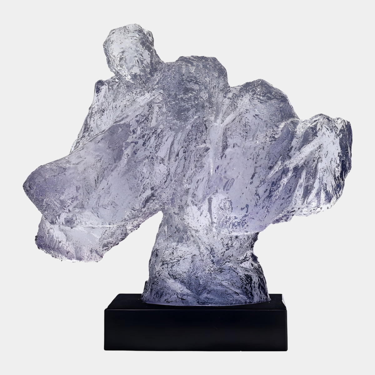 Amethyst Open-Armed Torso Cast Resin Sculpture, 54cm, in pale purple with jagged textured surface, mounted on a black rectangular base against a plain white background.