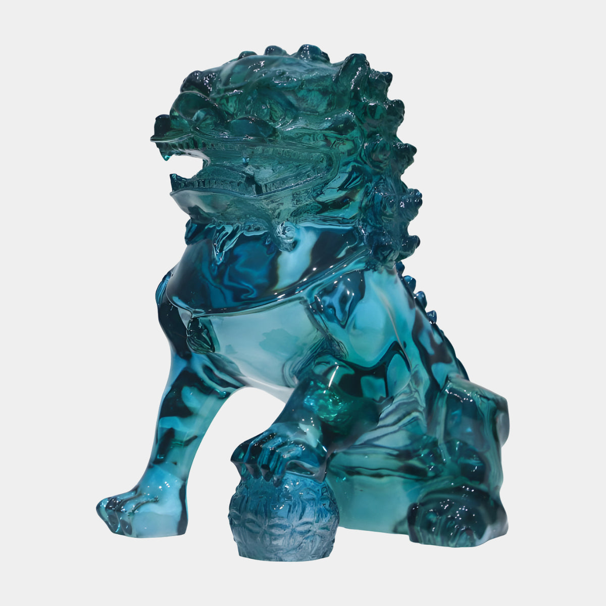 Deep Teal Guardian Lion with Ball on the Left Resin Sculpture, 38cm, seated with paw on a carved ball, teal and sea green tones, on a plain white background.