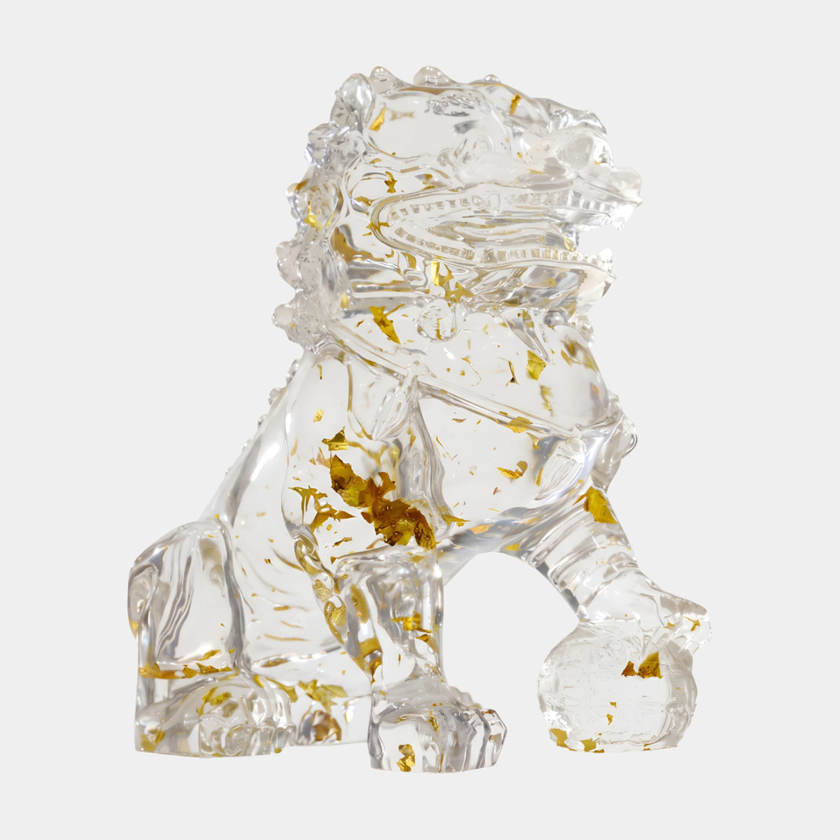 Clear Gold-Leaf Guardian Lion with Ball on the Right Resin Sculpture - 38cm