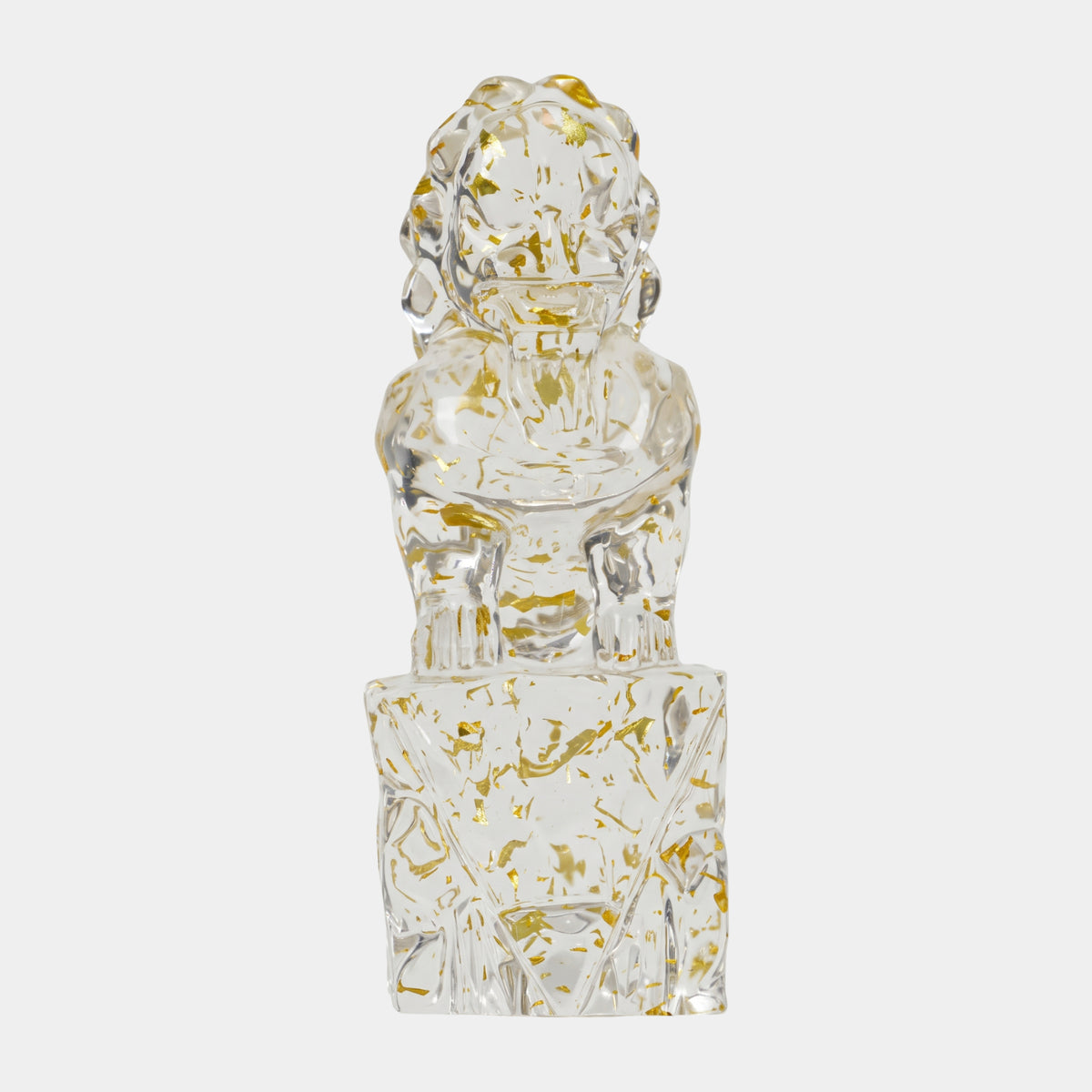 Clear Gold-Flecked Guardian Lion on a Resin Block, 41cm, seated front-facing with gold leaf through the mane and block, shown on a plain white background.